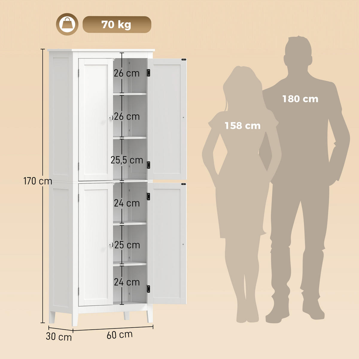 BADEZIMMERSCHRANK MDF Metall Weiß - Weiß, Holzwerkstoff/Metall (30/170/60cm) - HOMCOM