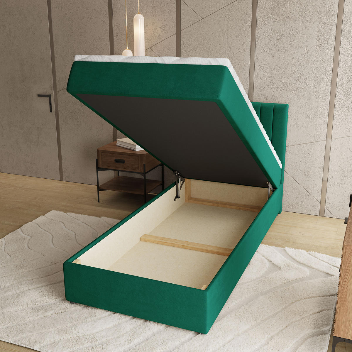 BOXBETT BRESEL 100 100x200 cm mit Matratze und Topper, H2+H3 - Grün - Grün, Holz (100/200cm) - MASSENO