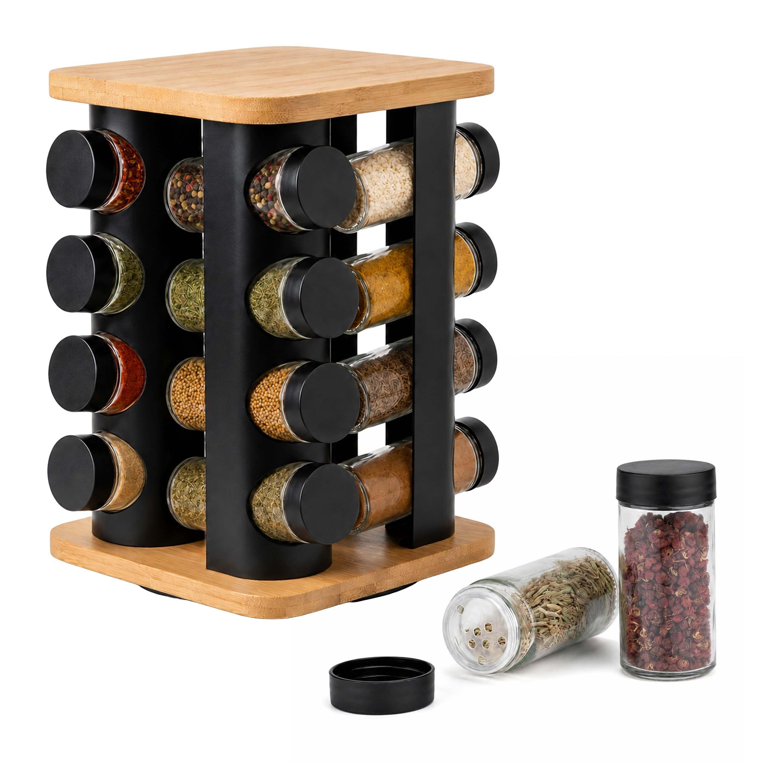 GEWÜRZKARUSSELL Natur Schwarz Transparent 16er-Set drehbar 28 cm - Multicolor, Glas/Holz (18.5/28/18.5cm) - Relaxdays
