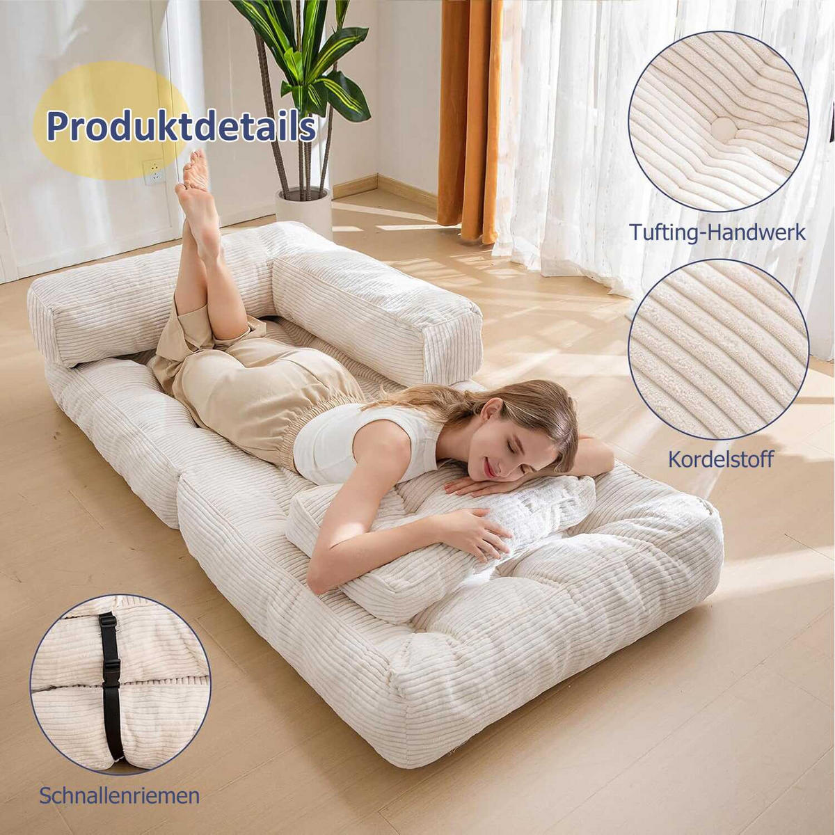 SOFA 1 Sitzer faltbar mit Armlehnen, 170x85 cm, für Wohnzimmer & Schlafzimmer,Beige - Beige, Textil (86/21/170cm)