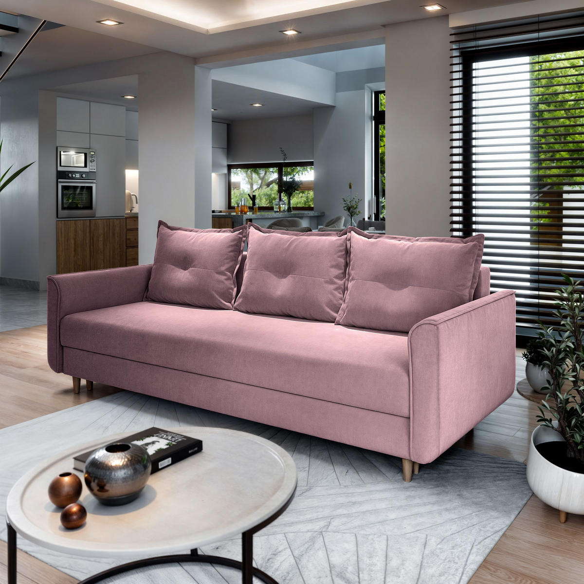 BETTSOFA NAPOL Rosa Plüsch-Stoff mit Schlaffunktion - Rosa, Textil (220/93/87cm) - MASSENO