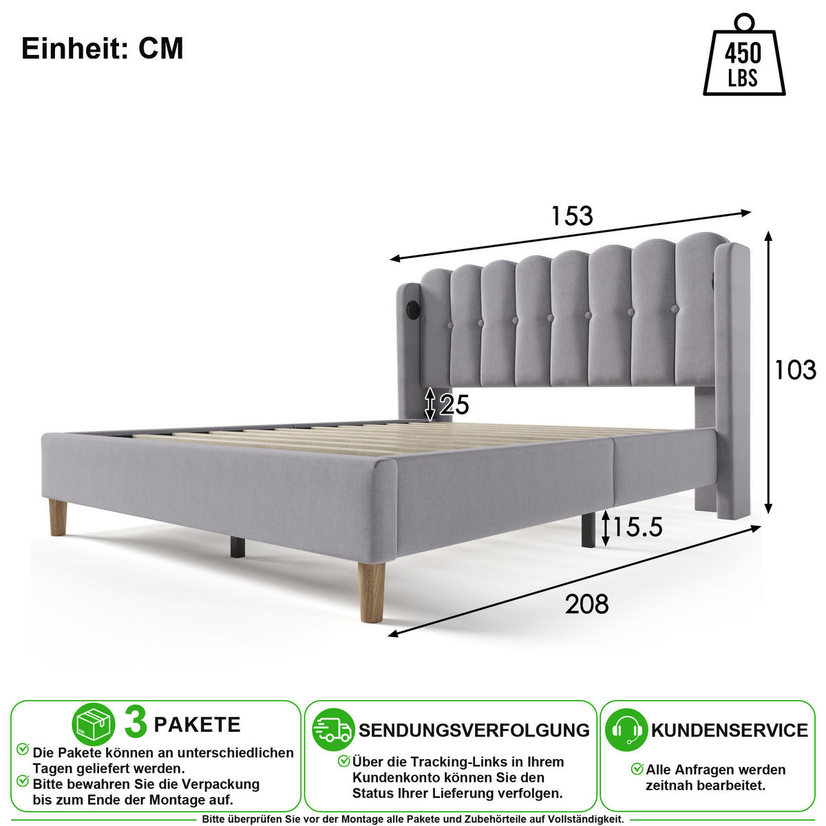 POLSTERBETT 140/200 cm in Grau Leinen mit USB, Type-C und Matratze - Grau, Holzwerkstoff/Textil (140/200cm) - CHICFURN