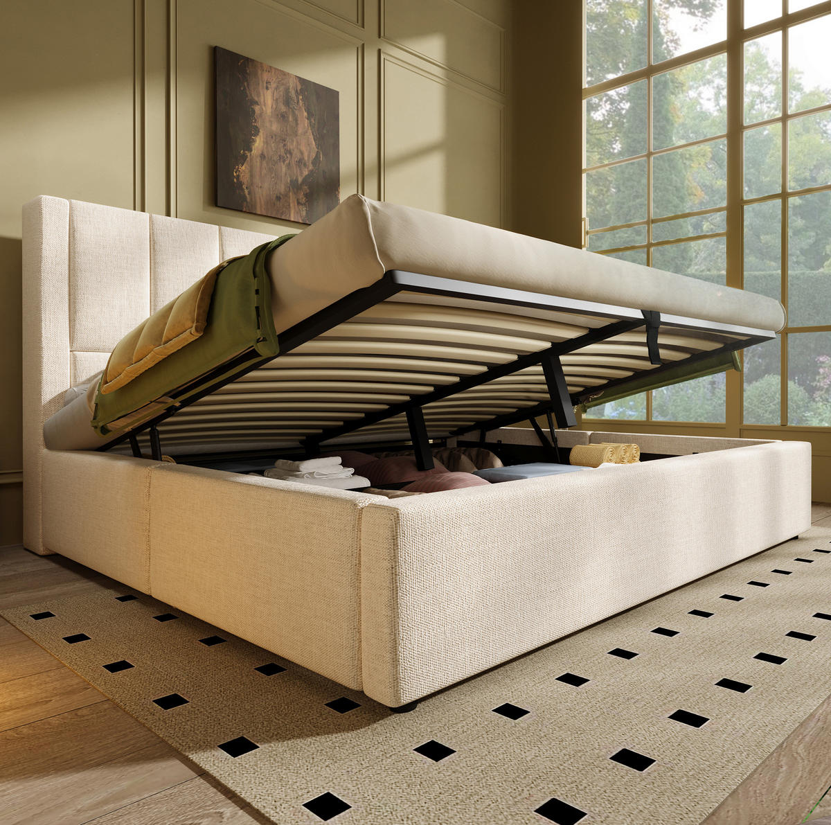 POLSTERBETT mit Stauraum 180x200 cm Leinen Beige mit Ladestation - Beige, Metall (180/200cm) - Meubliv