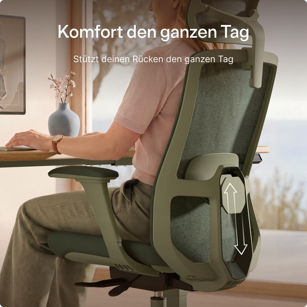 BÜROSTUHL Verstellbarer Ergonomischer SitOne Grün 4-Dimensional Armlehne, Integrierte 4-Wege-Lendenwirbelstütze - Grün, Kunststoff (60/125/68cm) - Desktronic
