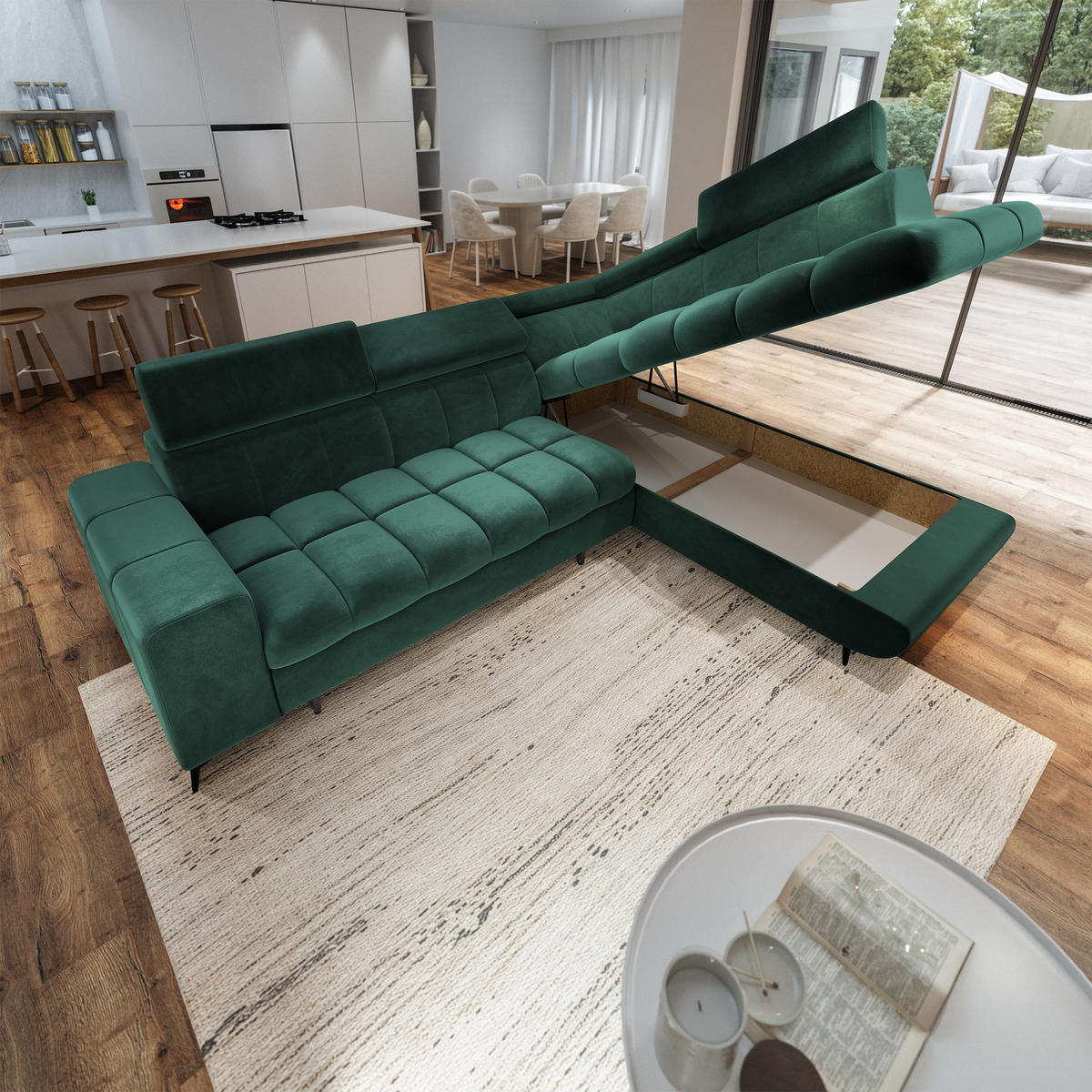 ECKSOFA MORIVA R-S Grün Velours-Stoff mit Schlaffunktion - Grün, Holz (253/190cm) - MASSENO