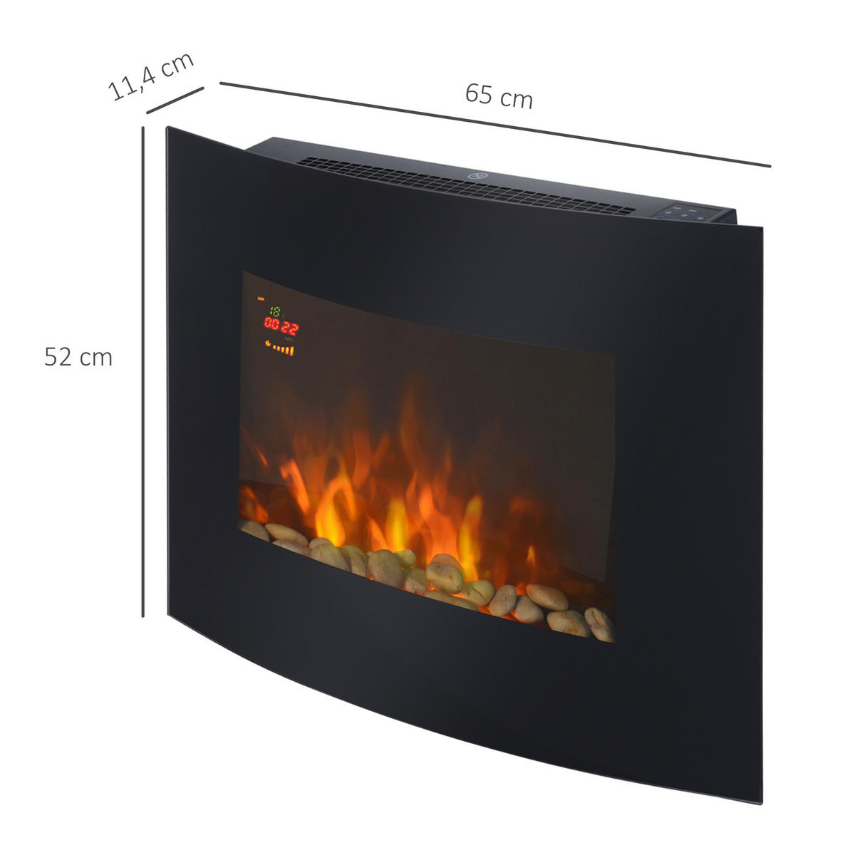 ELEKTROKAMIN Kaminofen Kamin Wandkamin mit Fernbedienung 2 Maße LED Licht - Schwarz, Metall (11.4/52/65cm) - HOMCOM