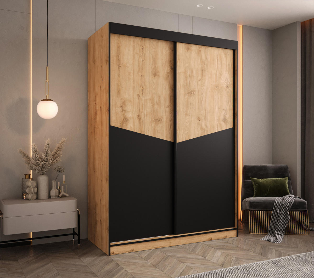 SCHIEBETÜRENSCHRANK DUBLIN 150, 2-türig Kleiderschrank, Moderne Garderobe, Schrank in Größe: 150 x 215 x 65 cm - Schwarz/Braun, Holzwerkstoff (150/215/65cm) - O-Sofa