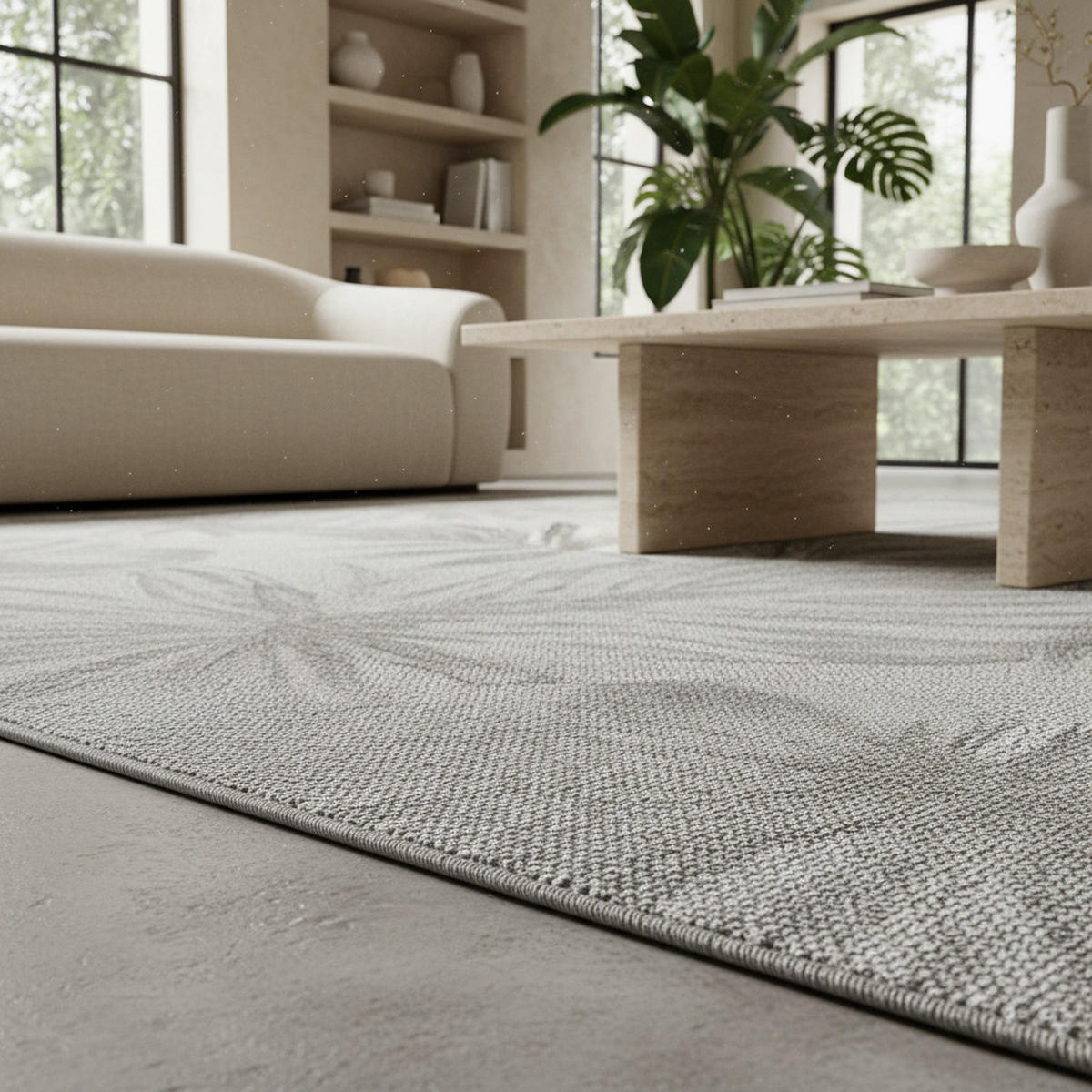 TEPPICH Outdoor Flachgewebe Tropenmuster Polypropylen Terrasse Grau Rechteckig 240x340 - Grau, Textil (240/340cm) - KADIMA DESIGN