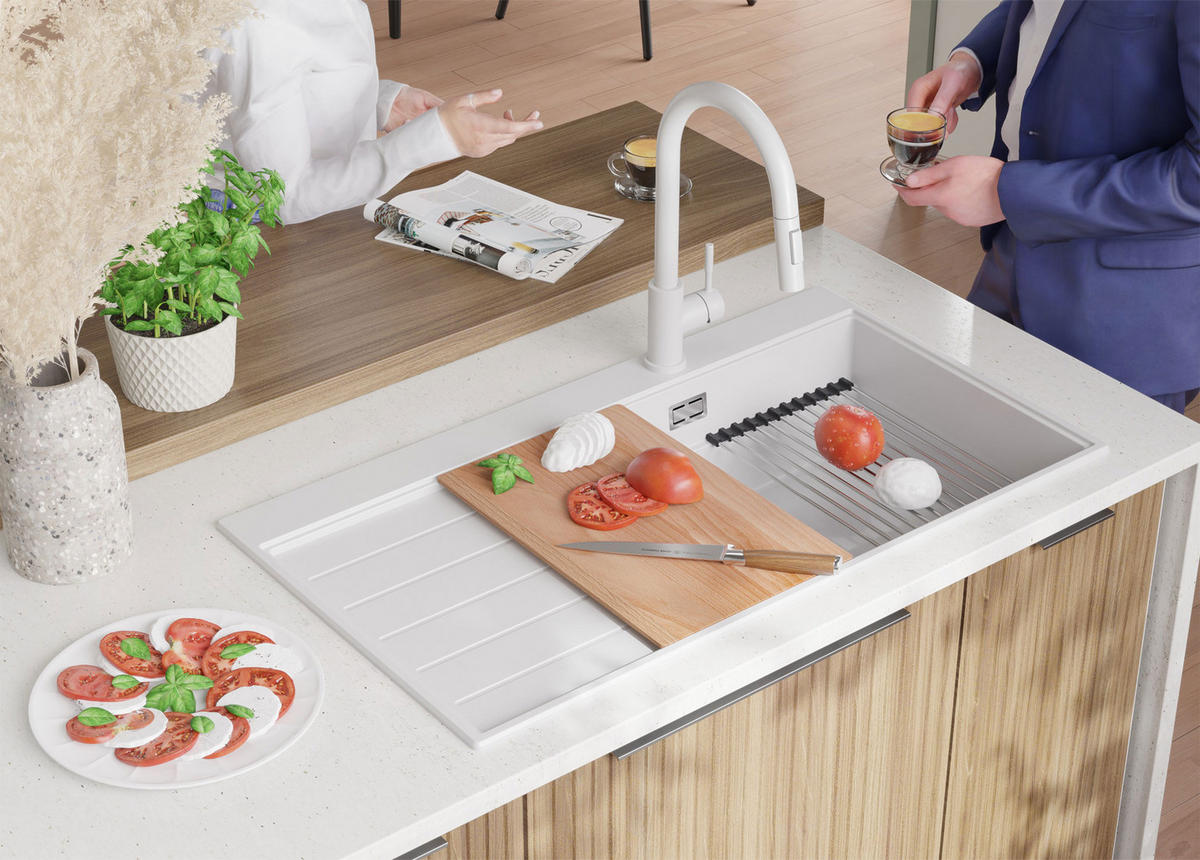 SPÜLBECKEN Sydney, 2-er set Weiß 90/50 cm 1 Becken + Ablauf-Set + Küchenzubehörset ab 60er Unterschrank - Chromfarben/Beige, Kunststoff (90/20/50cm) - Primagran