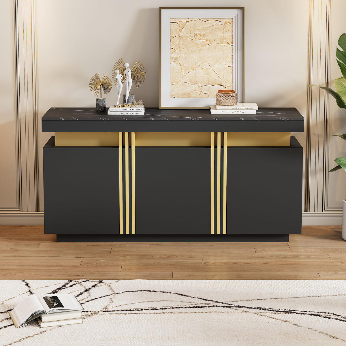 SIDEBOARD Schwarz, mit Türen, Innenfächern und goldfarbenen Akzenten, 140/38/70 cm - Schwarz, Holzwerkstoff (140/70/38cm) - WISHDOR