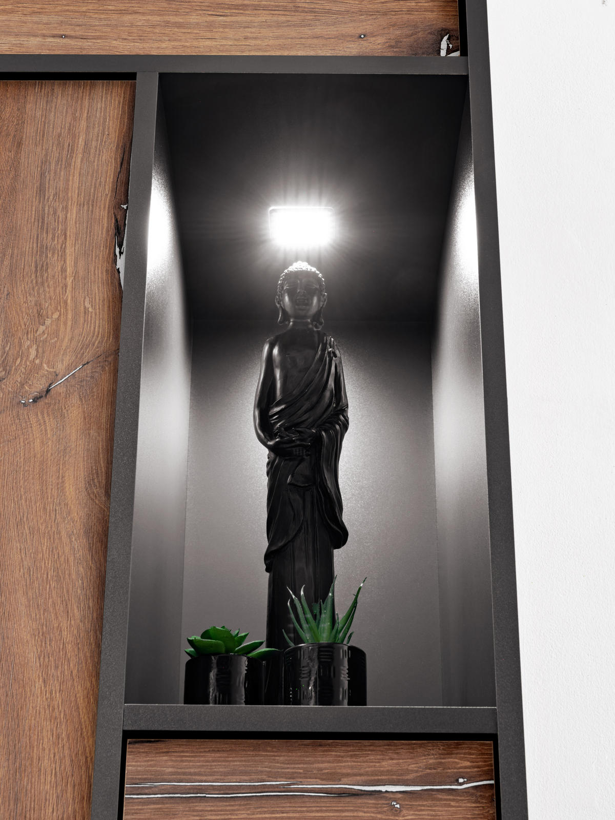 HIGHBOARD ORVIETO WIT3D, 3 Türen, 7 Schließfächer, Eiche, Anthrazit, Weiß LED Beleuchtung - Eichefarben/Anthrazit, Holzwerkstoff (50.6/178/40cm) - Komodee