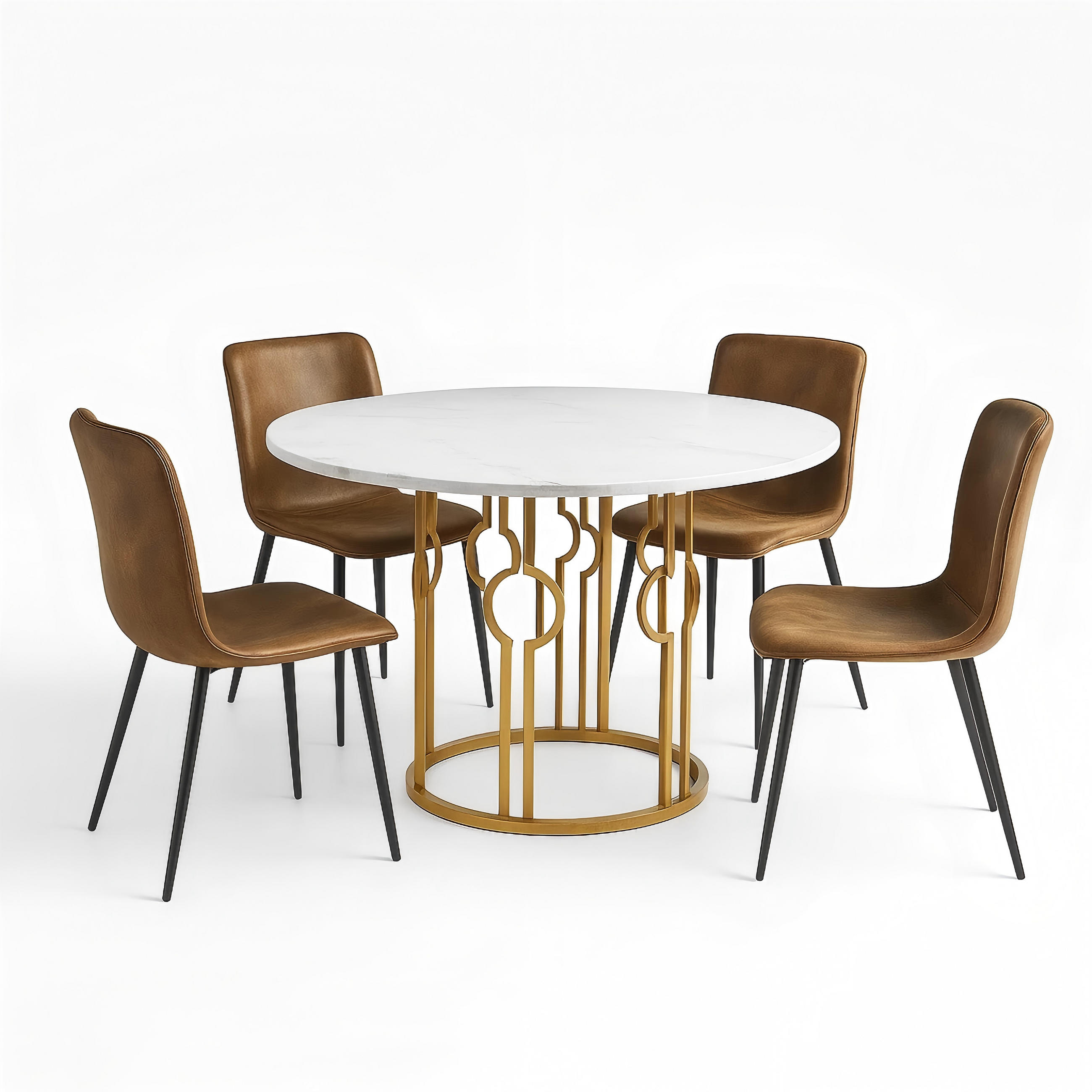 ESSTISCH SET rund Weiß Marmoroptik mit 4 Stühlen Vintage Braun - Braun, Holzwerkstoff (100/76/100cm) - Urban Meuble