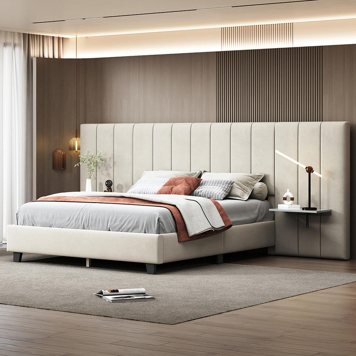 POLSTERBETT 160/200 cm in Beige mit Verlängertem Kopfteil - Beige, Holz/Textil (160/200cm) - KOMHTOM