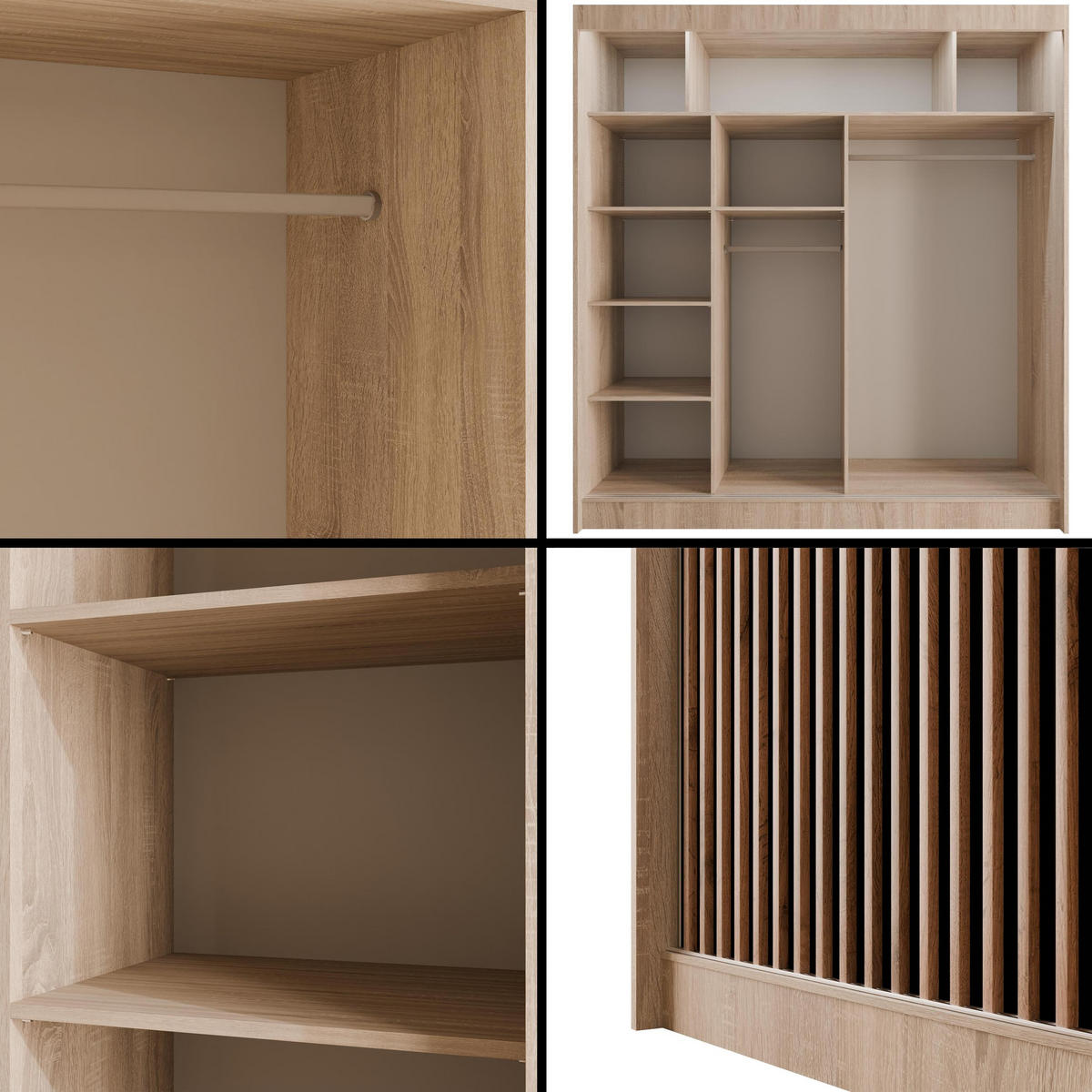 KLEIDERSCHRANK mit LED, Lamel-Schiebetüren VILANv2 - 200 cm Sonoma Eiche + Lamelle Eiche Wotan - Eiche Wotan/Sonoma Eiche, Holzwerkstoff (200/215/61cm) - ALTDECOR