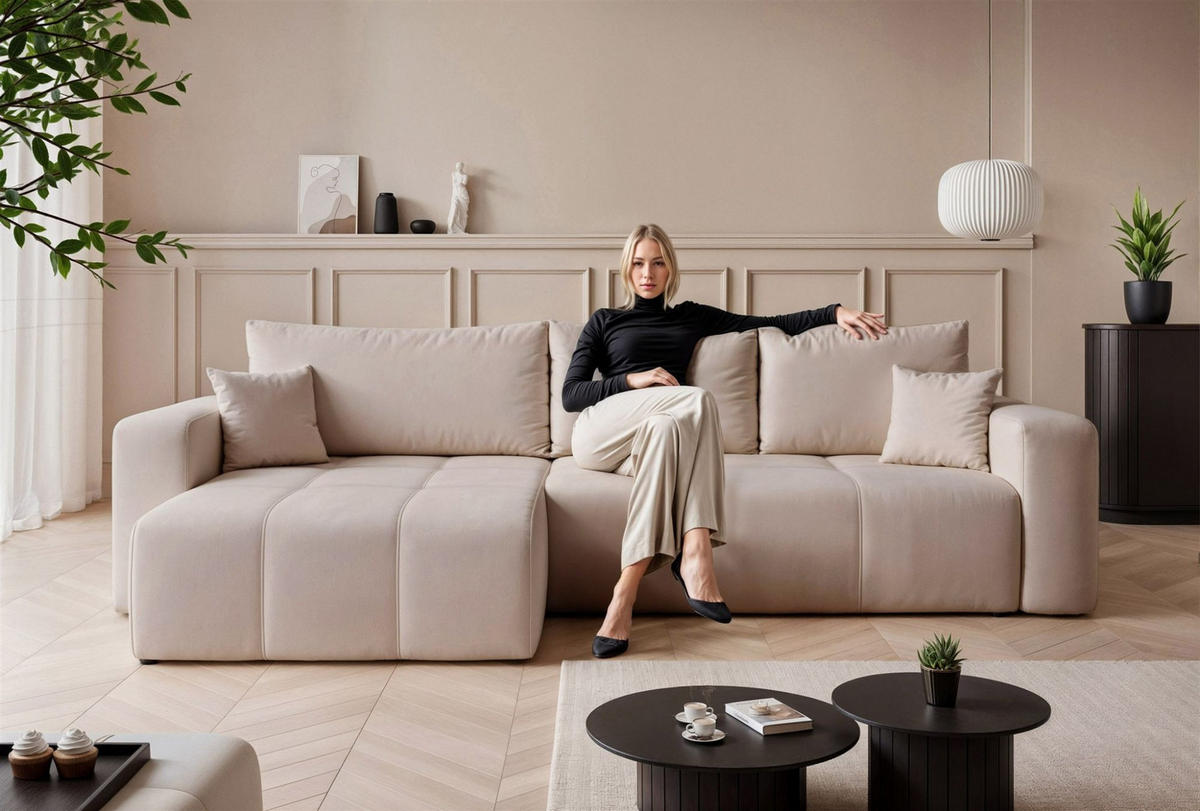 ECKSOFA Leros Xl Mit Schlaffunktion - Beige, Holzwerkstoff/Textil (278/145cm) - Fun Möbel