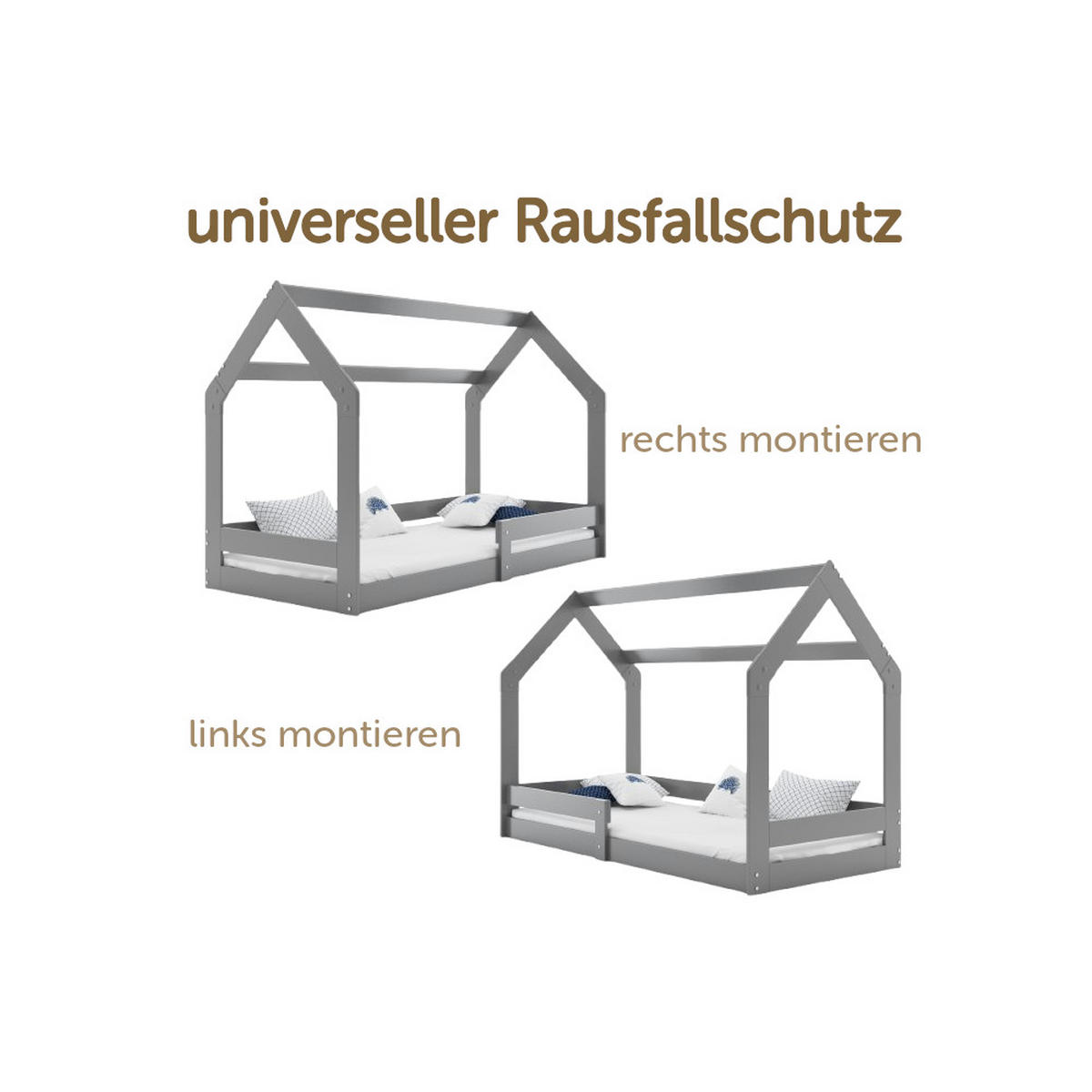 HAUSBETT DOMI 1 160x80cm mit Lattenrost und Rausfallschutz - Grau, Holz (80/160cm) - Interbeds