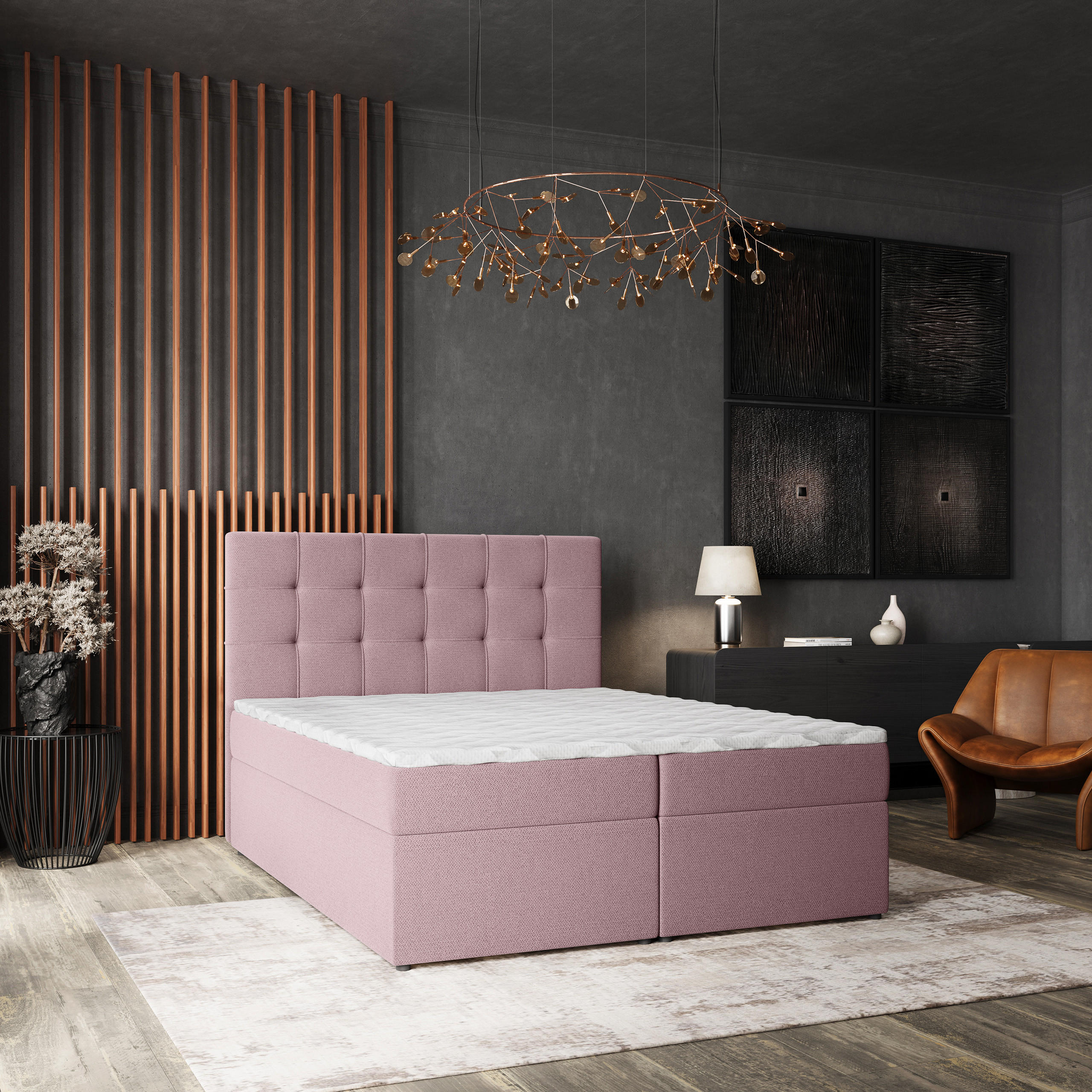 BOXBETT PALMA 180x200 cm mit Matratze und Topper, H2+H3 - Rosa - Rosa, Holz (180/200cm) - MASSENO