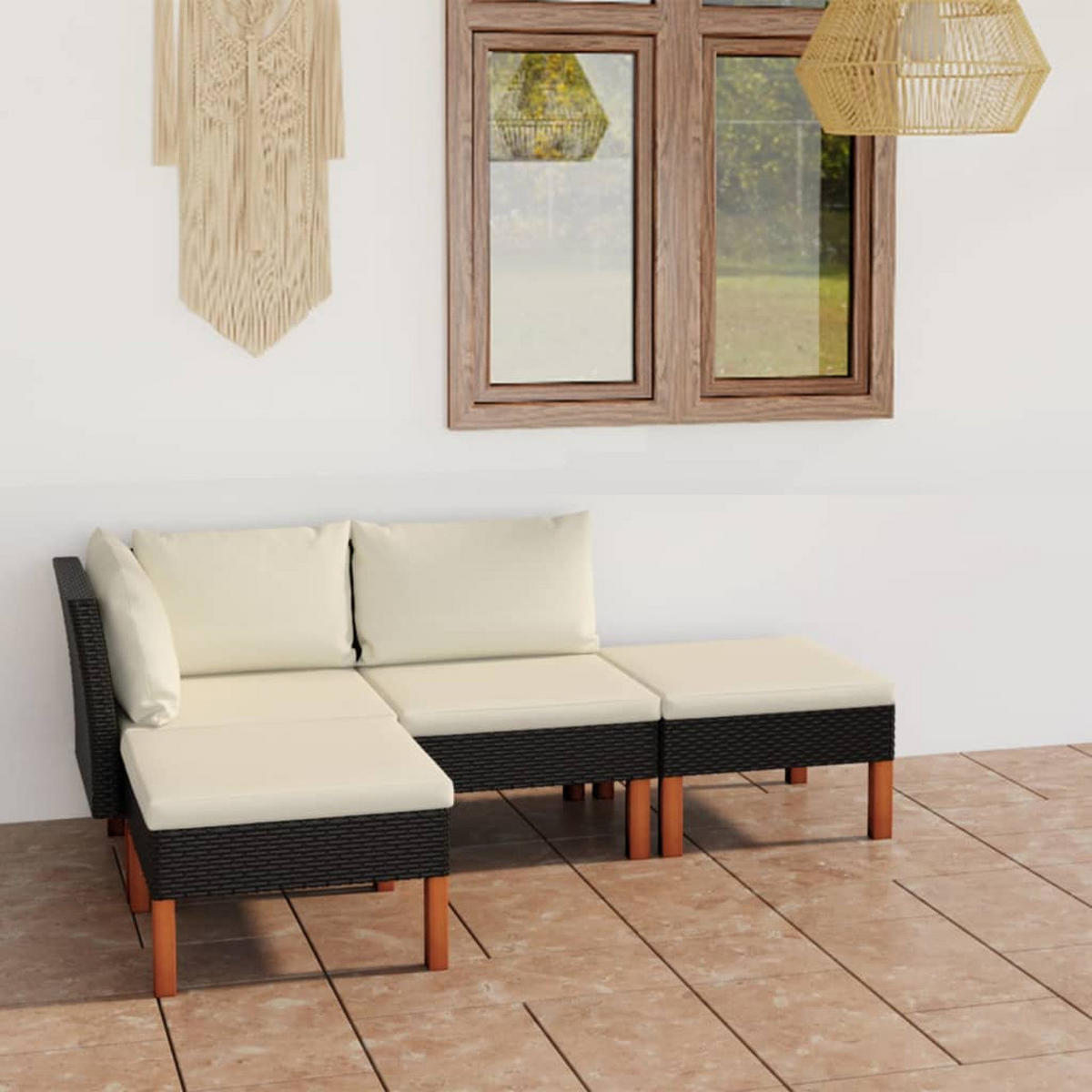 GARTEN-LOUNGE-SET 4-TLG. MIT KISSEN POLY RATTAN SCHWARZ - Schwarz, Holz - vidaXL