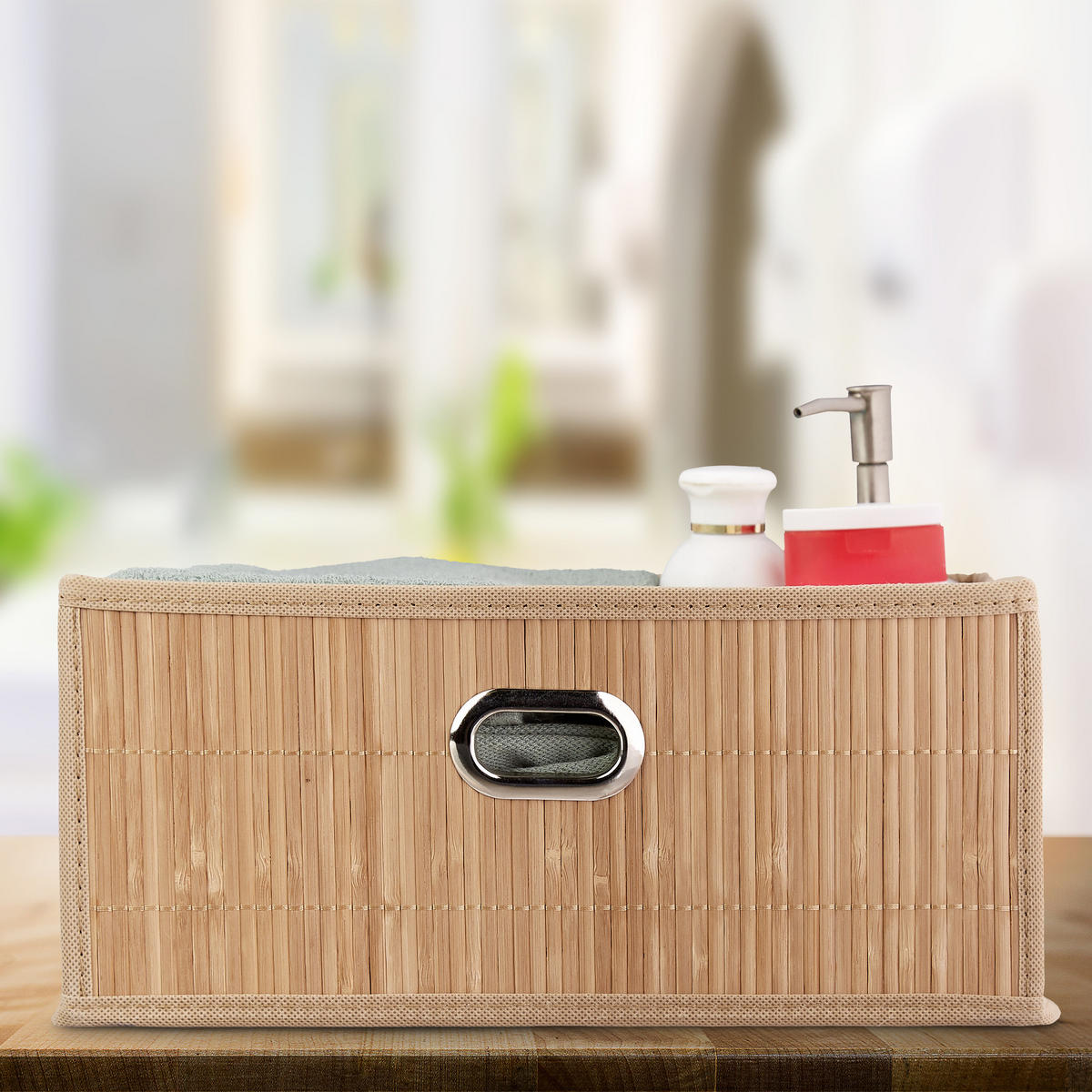 ÚLOŽNÝ koš - béžová, dřevo/textil (31/14/31cm) - Relaxdays