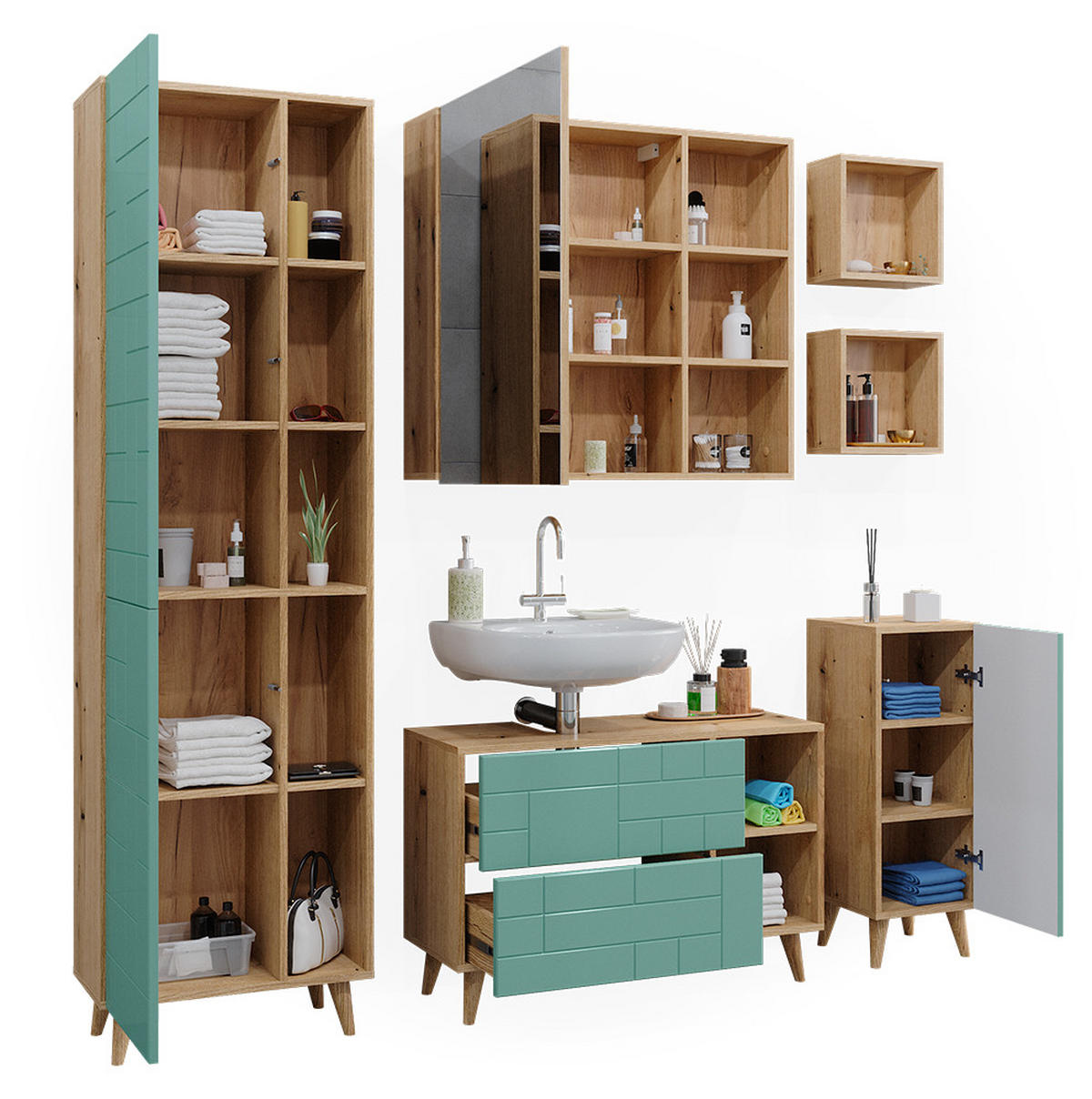 BADMÖBEL-SET Rudi Mintgrün 6 Teile, mit Hochschrank - Eichefarben/Mintgrün, Holzwerkstoff (90/59/32cm) - Vicco