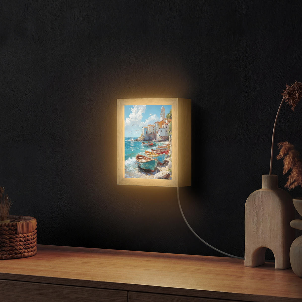 NÁSTĚNNÁ LAMPA Lodě - skály - moře - slunce 15x20 cm - modrá, kompozitní dřevo (15/20/8cm) - OnlyWow