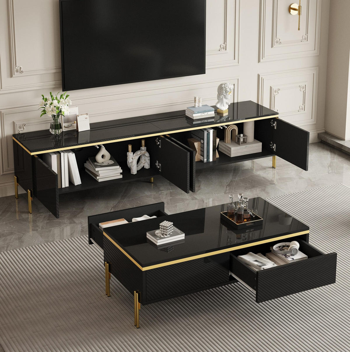 LOWBOARD TV-Möbel- und Couchtisch-Set 170/38/50 + 100/50/36 cm aus Spanplatte mit Hochglanzoberfläche Schwarz - Schwarz, Holzwerkstoff (170/50/38cm) - Modenvie