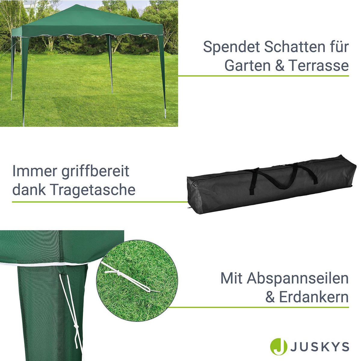 FALTPAVILLON Vivara grün 3x3 m mit Tragetasche - Grün, Metall (300/250/300cm) - Juskys