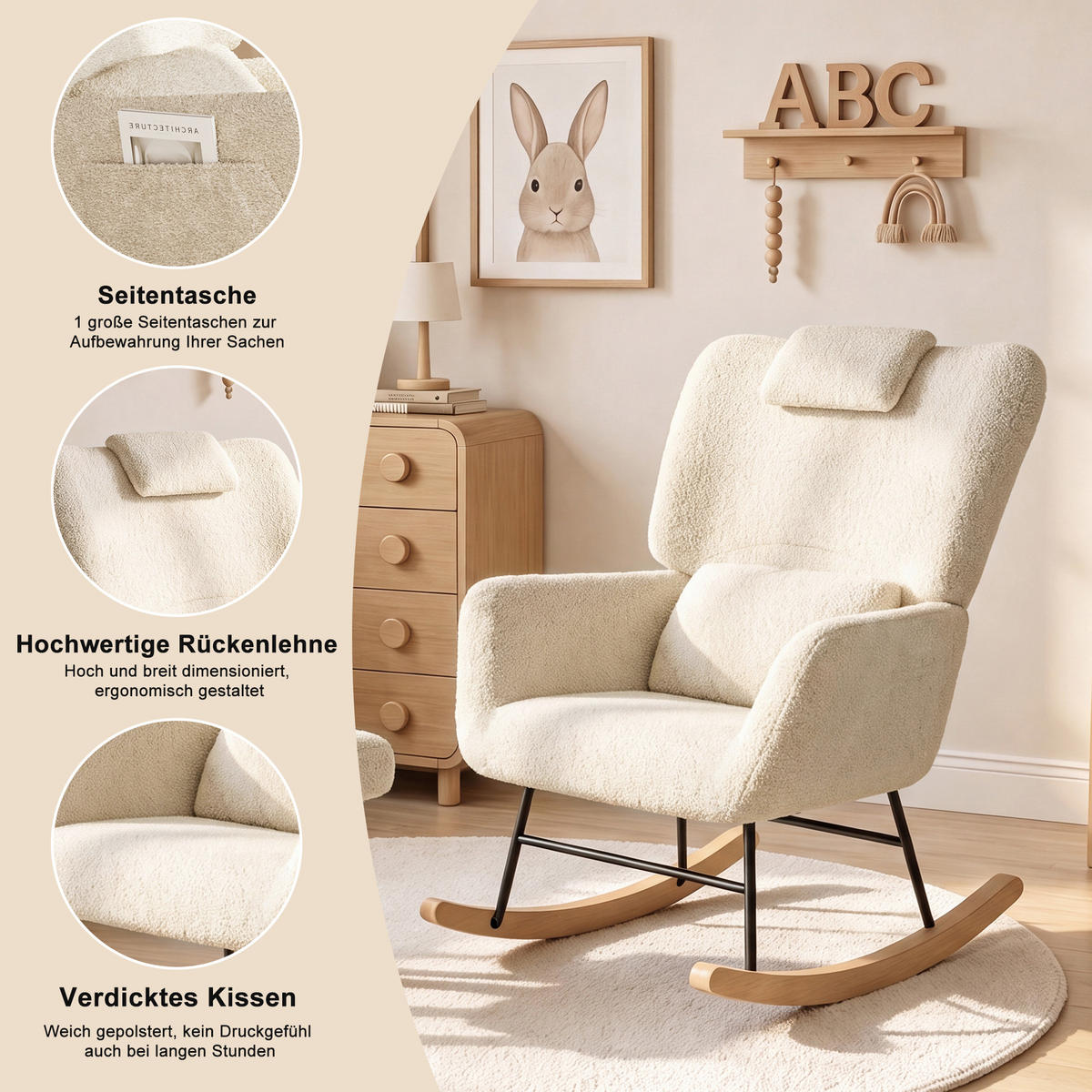 SCHAUKELSTUHL mit Hocker, Beige ,Lendenkissen, Kopfstütze, Seitentaschen und Massivholzsockel, Lammwolle Stoff-für Wohnzimmer, Schlafzimmer - Ecru, Holz/Metall (75/42/93cm) - BursDany