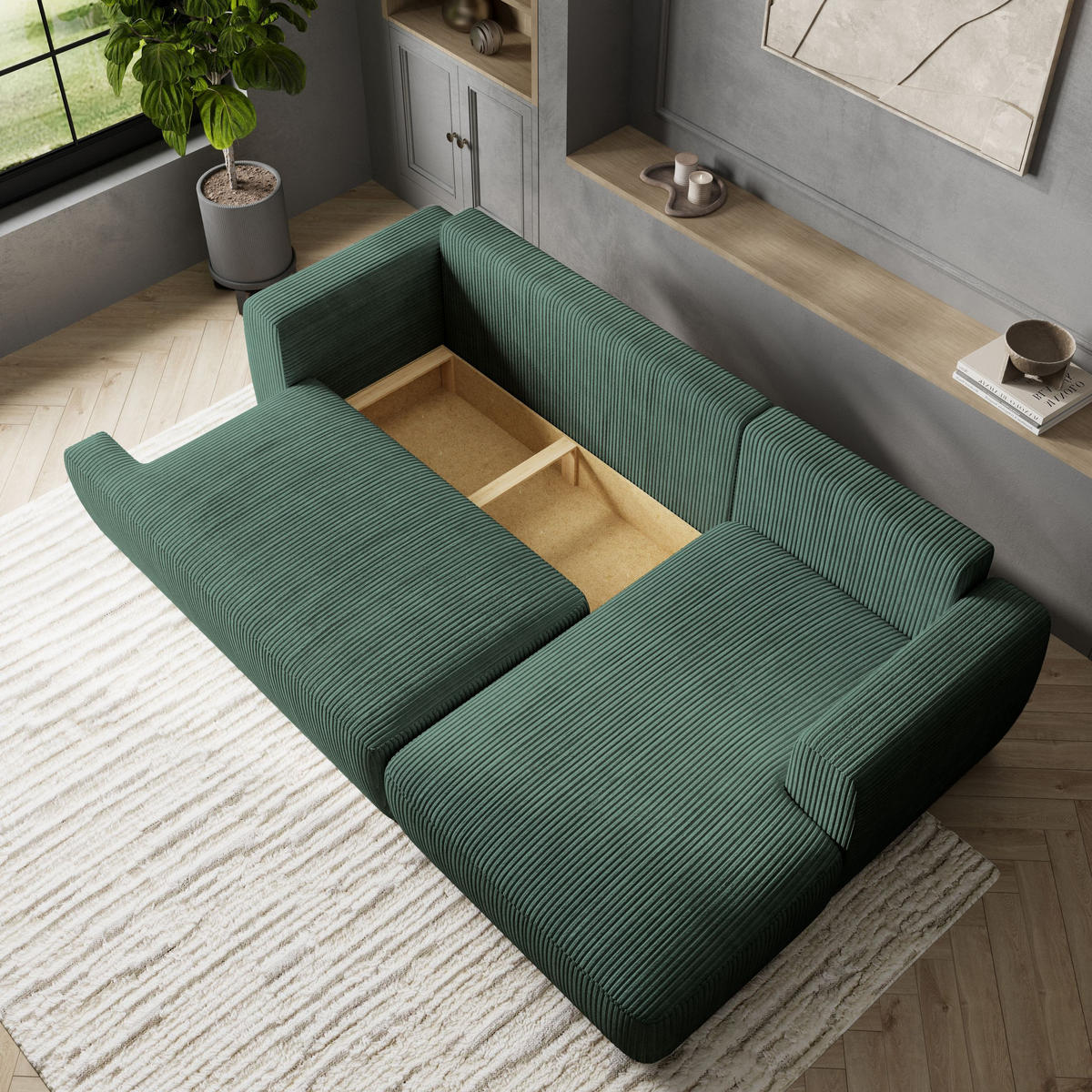 ECKSOFA SENTI P R-S Grün Kordstoff mit Schlaffunktion - Grün, Holz (246/148cm) - MASSENO