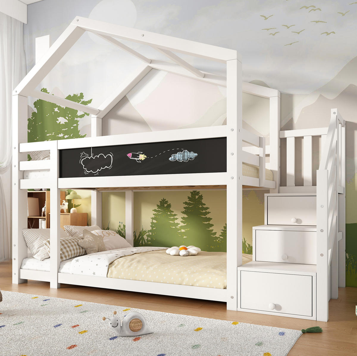 HAUSBETT 90/200 cm in Weiß mit Tafel und Stauraum - Weiß, Holzwerkstoff (90/200cm) - Flora Grace