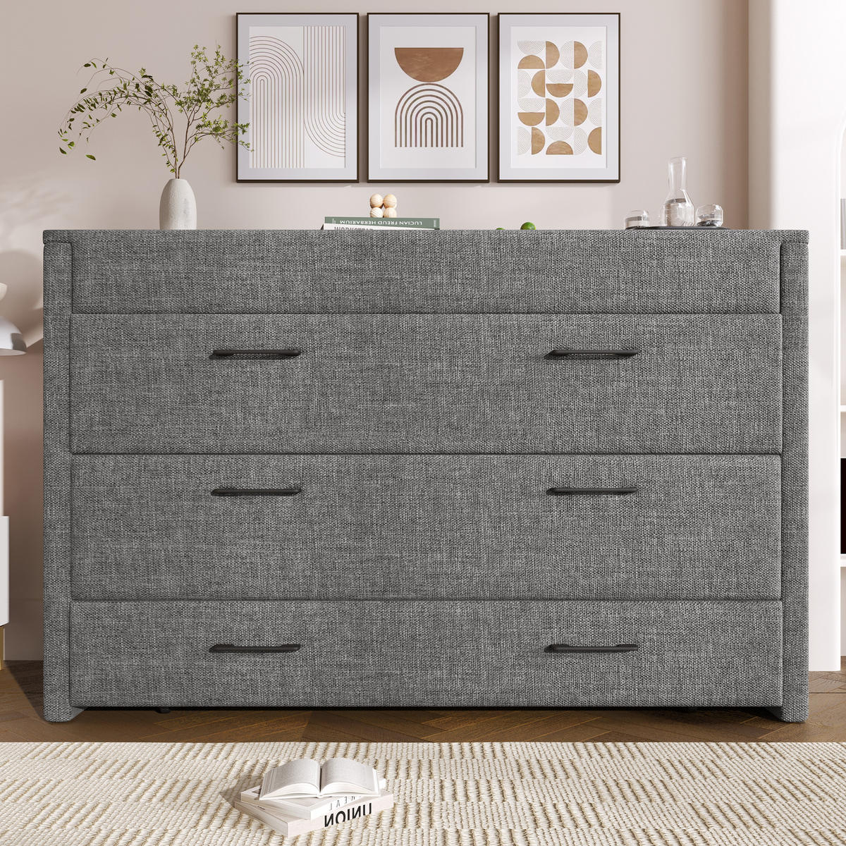 SCHRANKBETT 140x200cm Grau Leinen 1 Schublade USB-C mobiles Bett - Grau, Holz (140/200cm) - FLIEKS