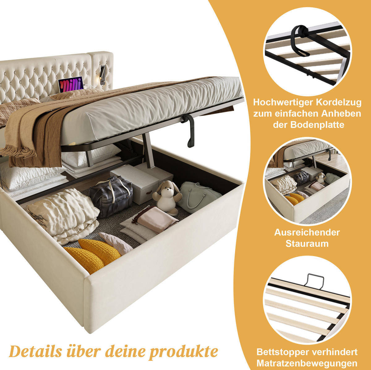 ČALÚNENÁ posteľ z velúru 160x200 cm béžová s hydraulickým úložným priestorom, LED lampou a USB/Type-C - béžová, textil (160/200cm) - Modfu