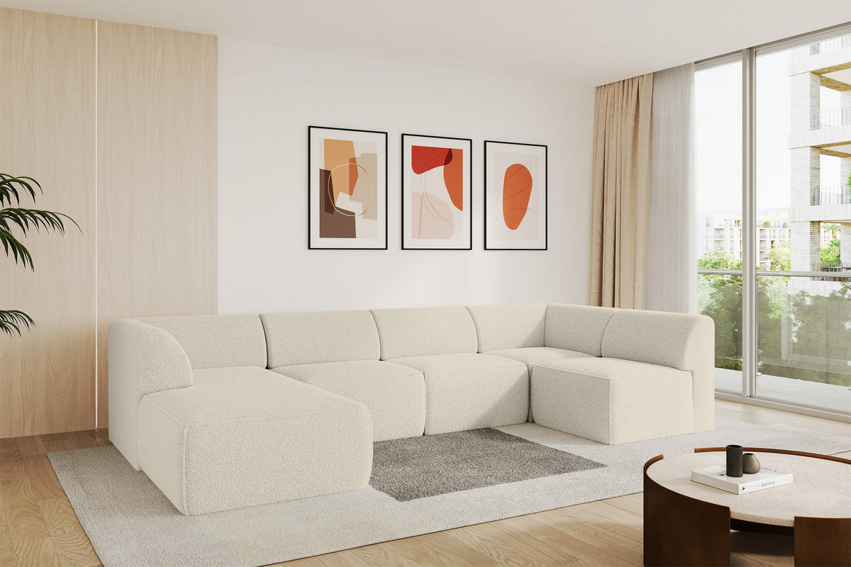 WOHNLANDSCHAFT Ottomane Links MOVO-L 345x180x78 cm Beige Bouclé - Hellbraun, Holzwerkstoff/Kunststoff (345/78/180cm) - ALTDECOR