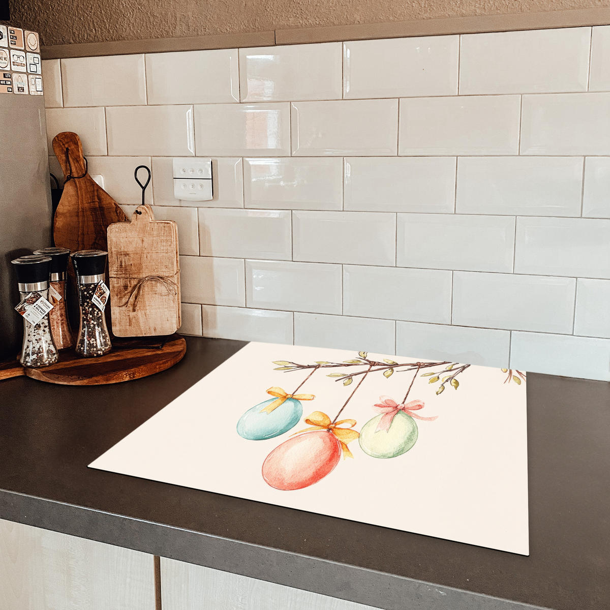 HERDABDECKPLATTE Osterkuchen - Schleife - Eier Ceranfeldabdeckung 59x52 cm - Creme, Kunststoff (59/52/0.2cm) - MuchoWow