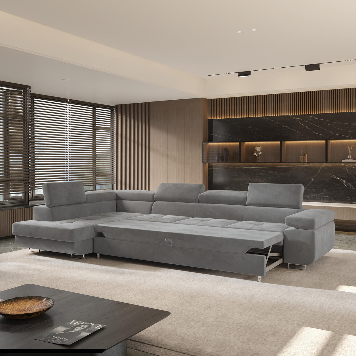 ECKSOFA VICENTE Grau Velours-Stoff mit Schlaffunktion - Grau, Holz (346/202cm) - MASSENO