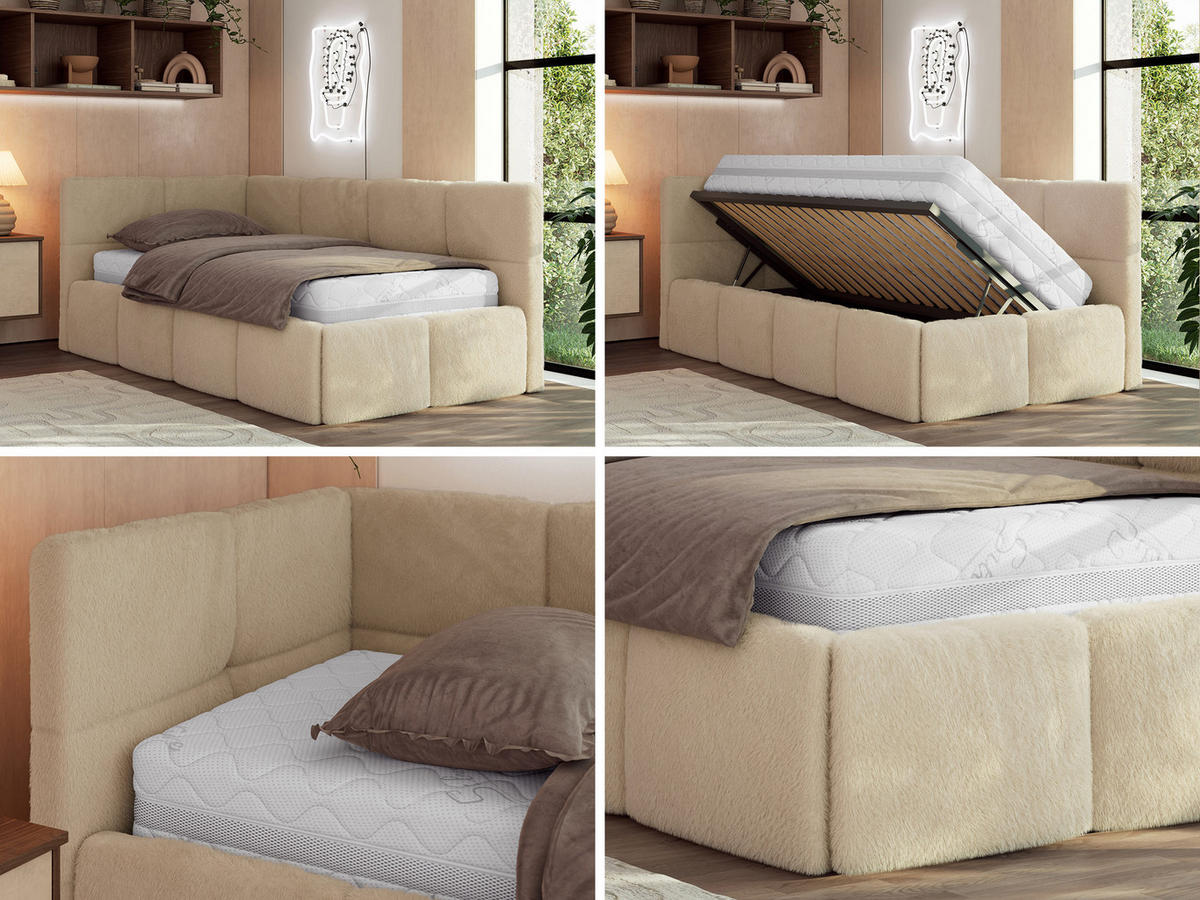 JUGENDBETT ARVO 90/200 - Beige Plüsch - Multipocket-Matratze - Links Seite - Beige, Textil (90/200cm) - MKS