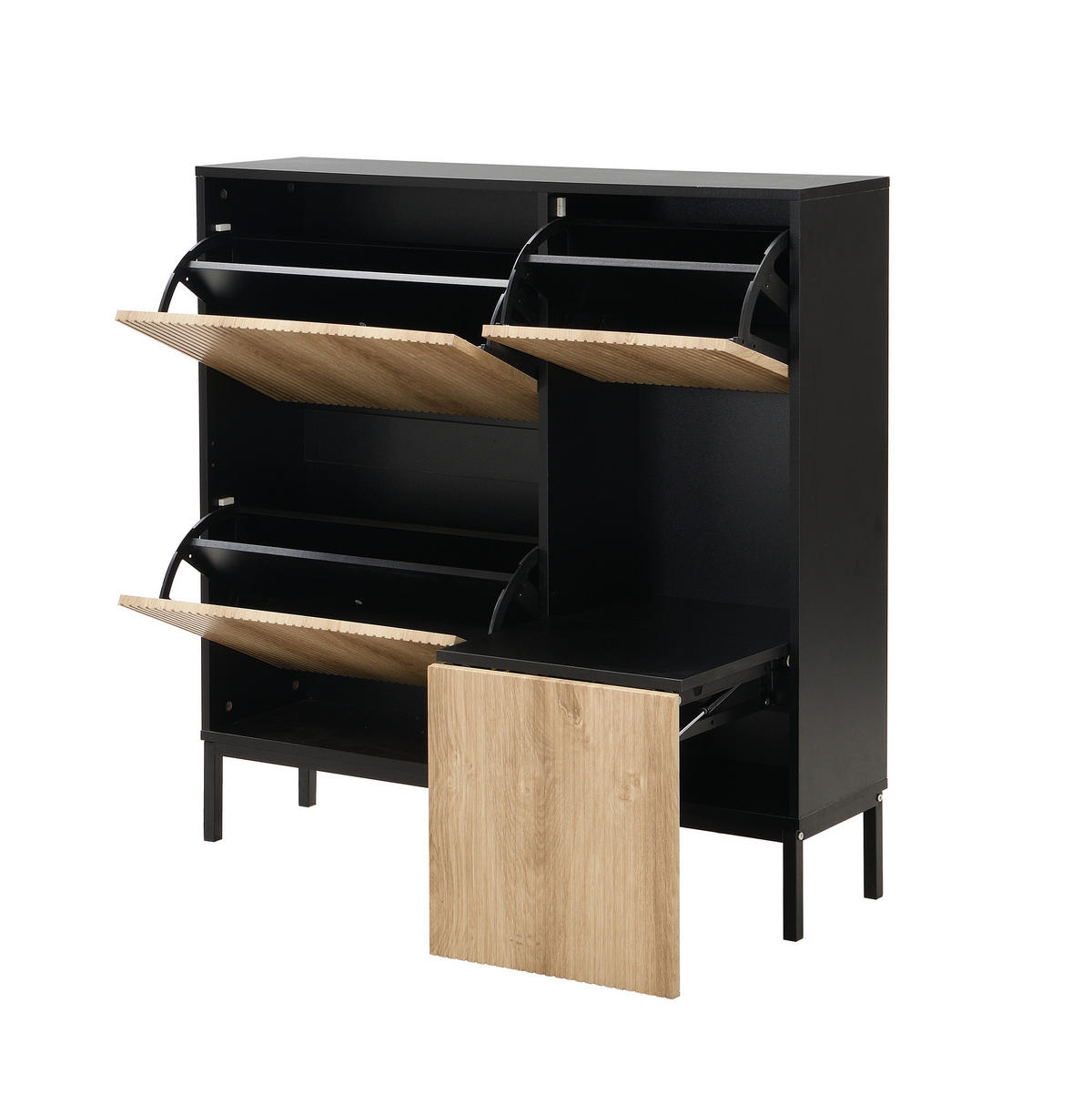 SCHUHSCHRANK 100/25/100 cm mit 3 Klappen, Sitzbank und offener Ablage - Schwarz, Holzwerkstoff (100/100/25cm) - BEAOK