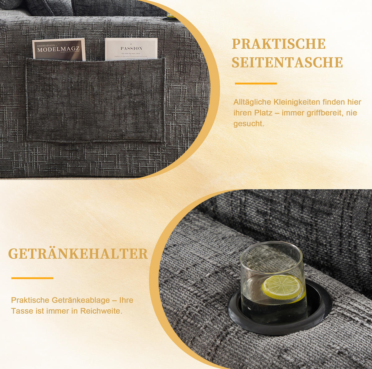 ECKSOFA 256/161/75 cm dunkelgrau aus Chenille mit Kissen und Seitentaschen - Dunkelgrau, Textil (161/256cm) - OKWISH