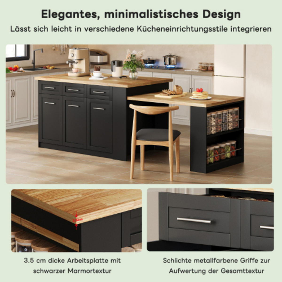 KÜCHENINSEL Schwarz-Natur aus MDF mit integriertem ausziehbarem Esstisch 150 × 90 × 90 cm - Schwarz, Holzwerkstoff (150/90/90cm) - Luhomfu