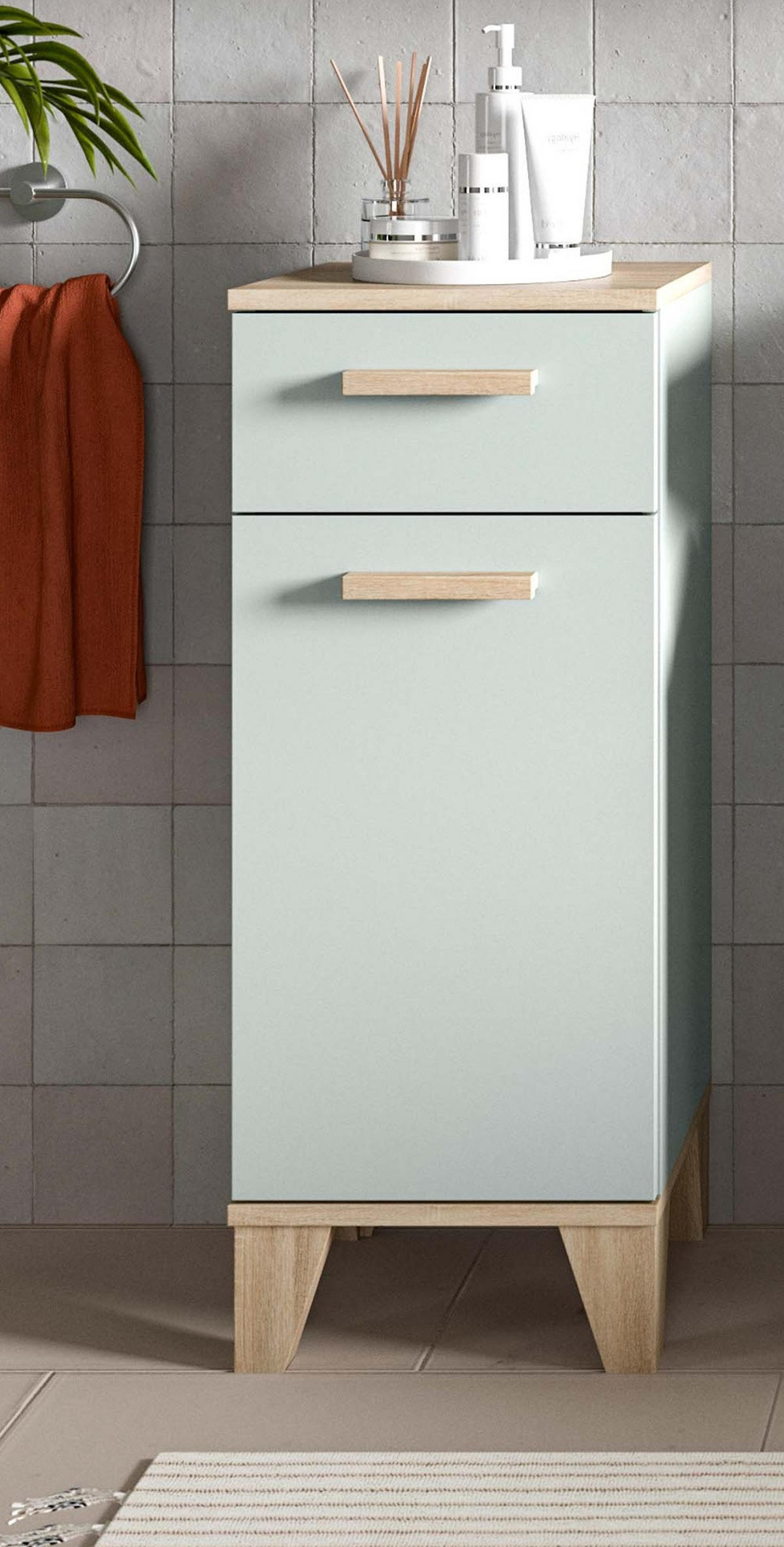 BADSCHRANK grün, Eiche 34 x 87 cm, Badezimmer Kommode skandinavisches Design - Eichefarben/Grün, Holzwerkstoff (34/87/31cm) - Inn.Furn