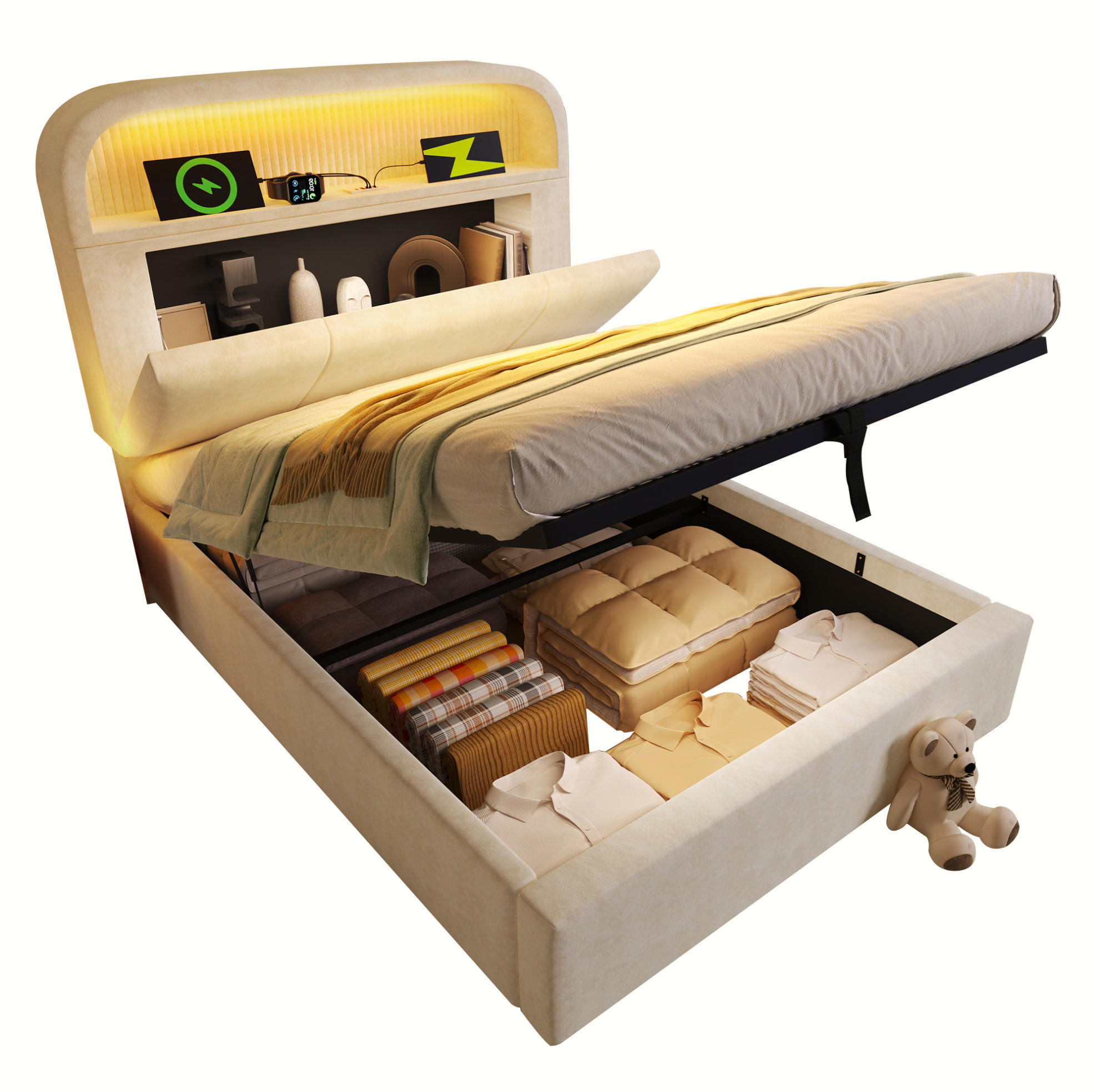 POLSTERBETT 90/200 cm Beige aus Samt mit Stauraum, LED-Beleuchtung und USB - Beige, Textil (90/200cm) - Flora Grace