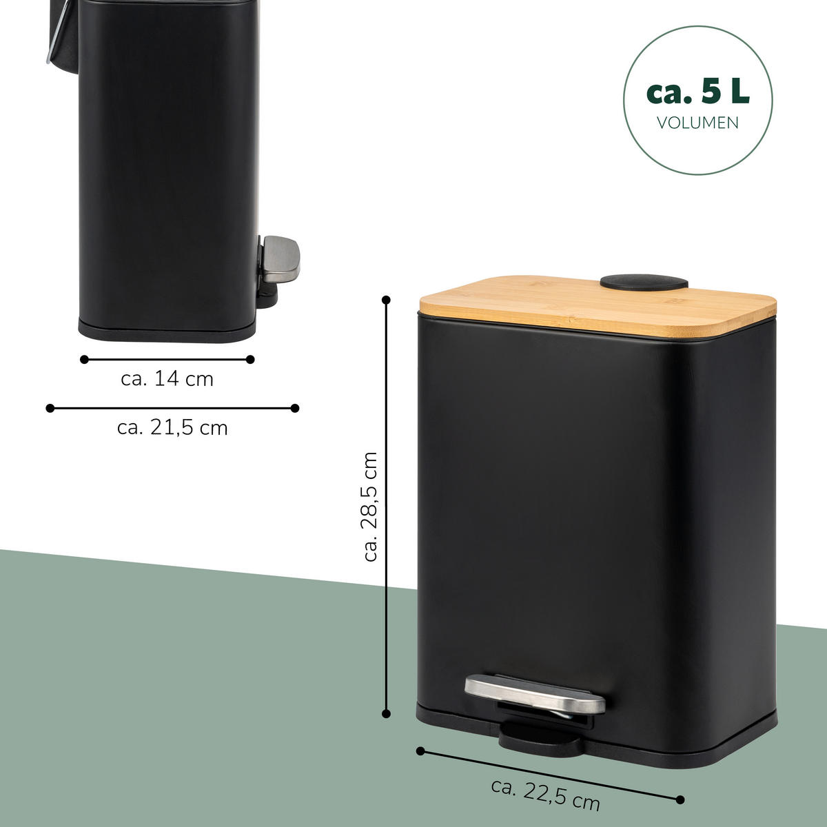 KOSMETIKEIMER 5 Liter Bambus und Metall, schwarz - Schwarz, Metall (22.5/28.5/21.5cm) - bremermann