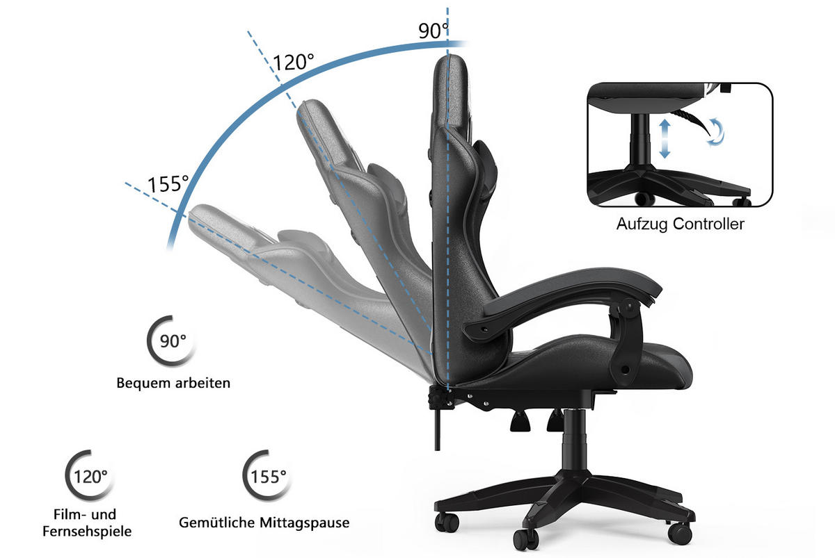 GAMING-STUHL ergonomisch, verstellbare Rückenlehne, Kissen – Schwarz/Grau - Grau, Leder (59/120/56cm) - Rattantree