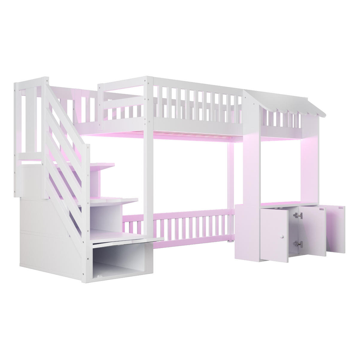 HOCHBETT 90/200 cm in Weiß mit Stauraumtreppe, Schrank und LED - Weiß, Holz/Holzwerkstoff (90/200cm) - STILVORA
