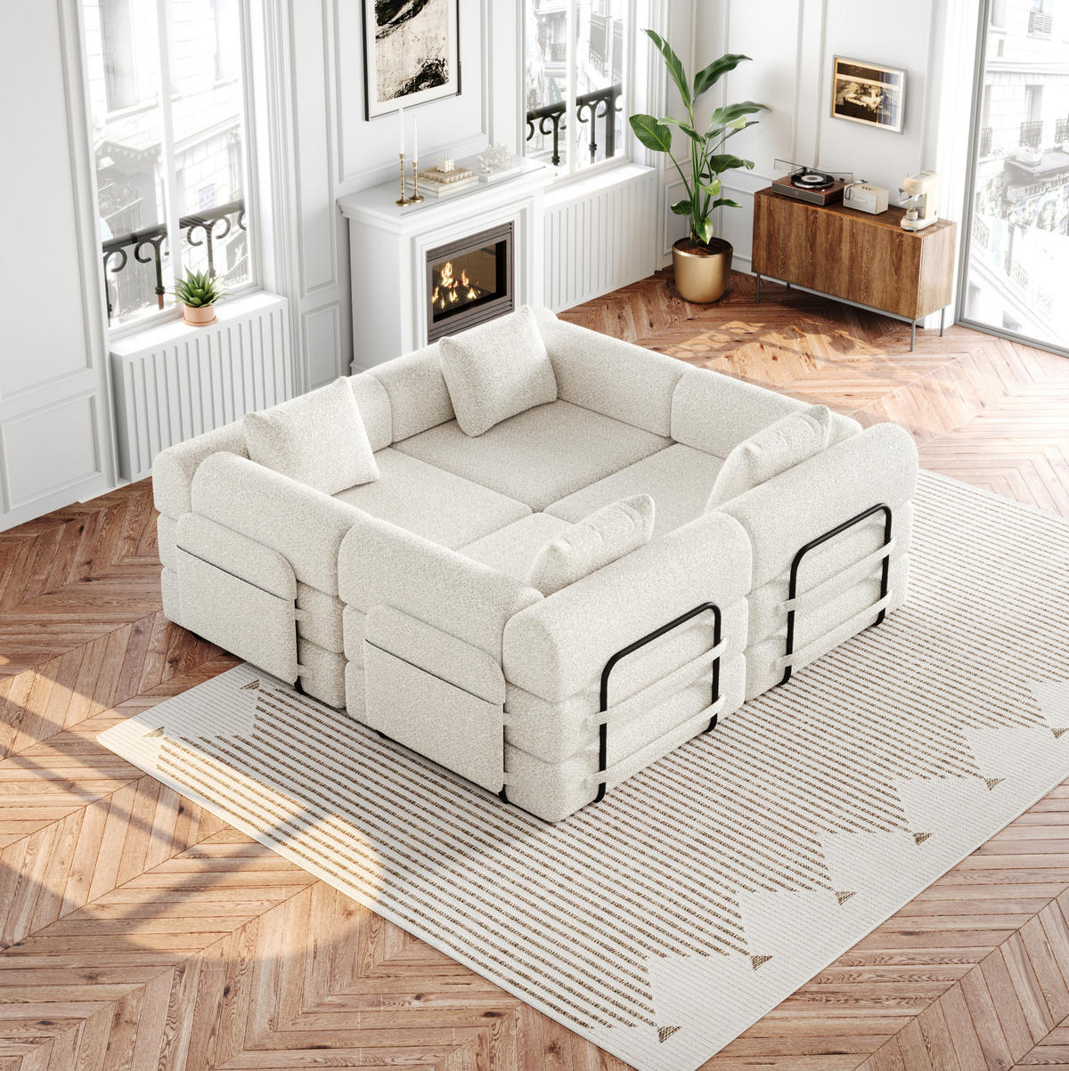 SCHLAFSOFA aus Chenille Beige 2-in-1 mit Armlehnen-Ablagefach und Stahlrahmen - Beige, Textil (184/50/182cm) - Modfu