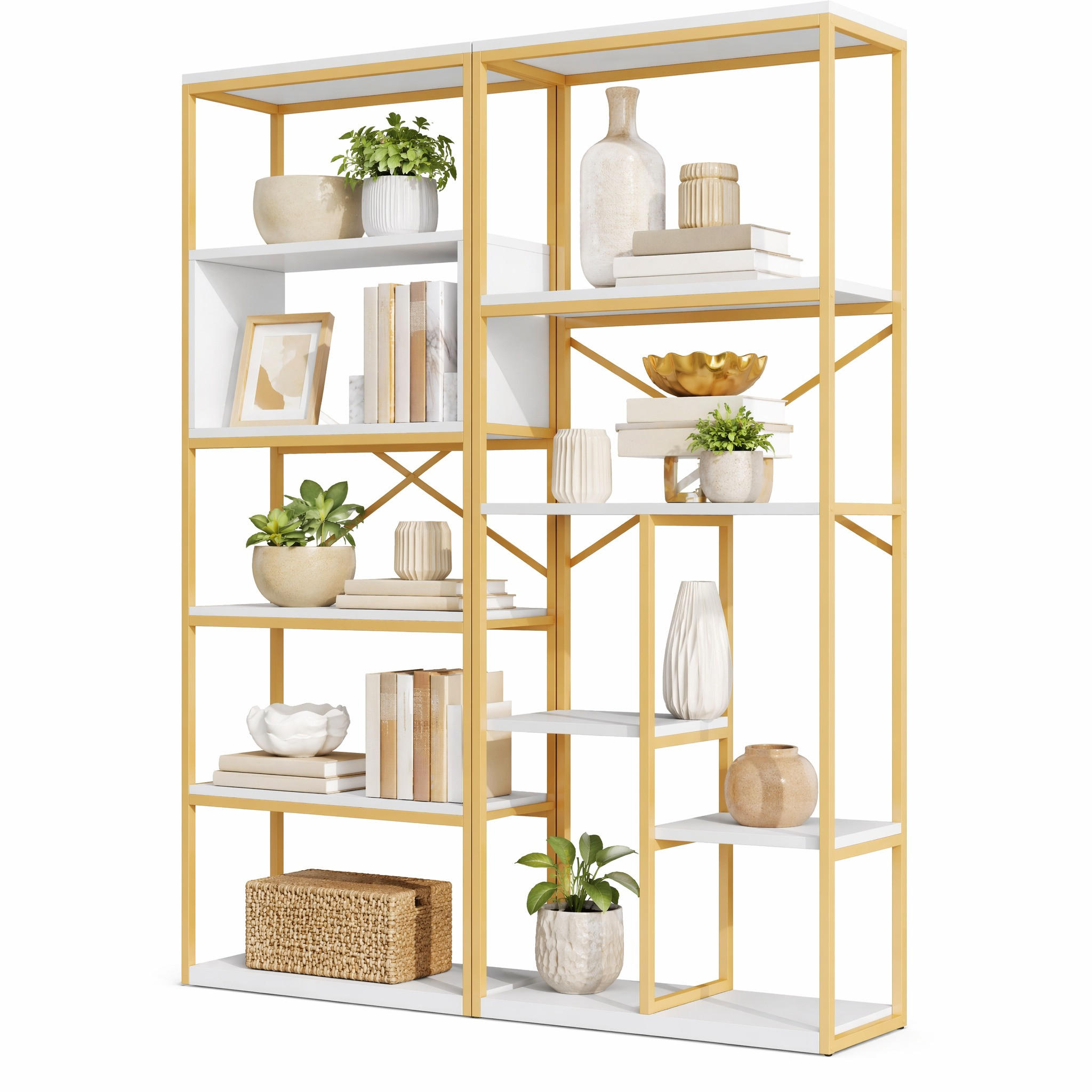 BÜCHERREGAL in Gold und Weiß Regal aus Stahlrohren und MDF mit Stauraumfächern für Wohnzimmer, B160/T29.5/H180 cm - Goldfarben, Holzwerkstoff/Metall (160/180/39.5cm) - STILVORA