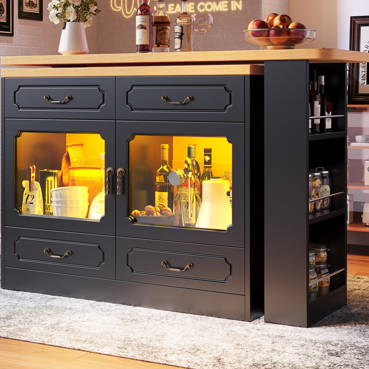 BARTISCH Ausziehbarer aus MDF mit 360° Drehplatte & LED, 135-203/39/92,8 cm, Schwarz - Schwarz, Holzwerkstoff (39/92.8/135cm) - Redom