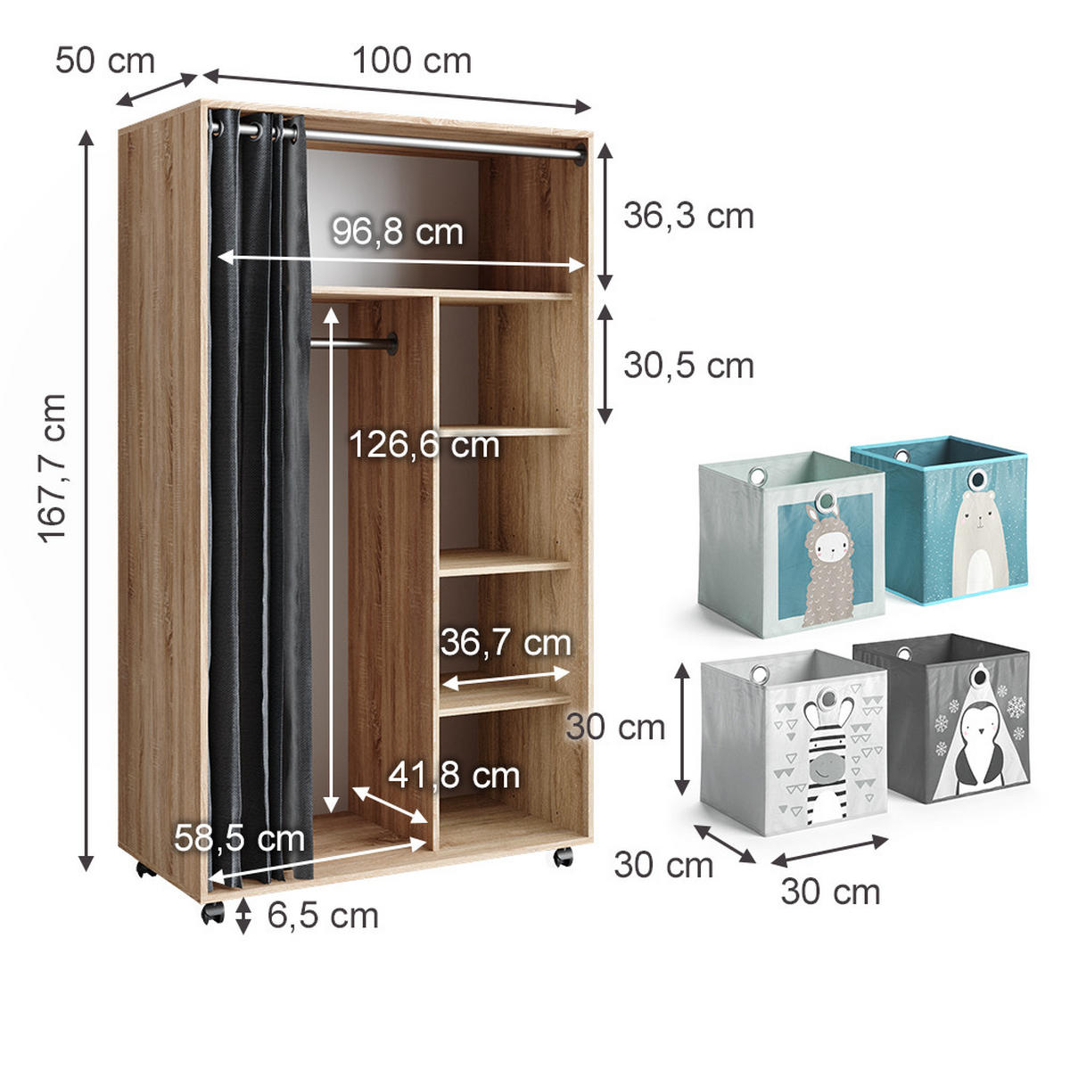 KLEIDERSCHRANK Doros Sonoma 100 x 168 cm offen, mit Rollen - Sonoma Eiche, Holzwerkstoff (100/168/50cm) - Vicco