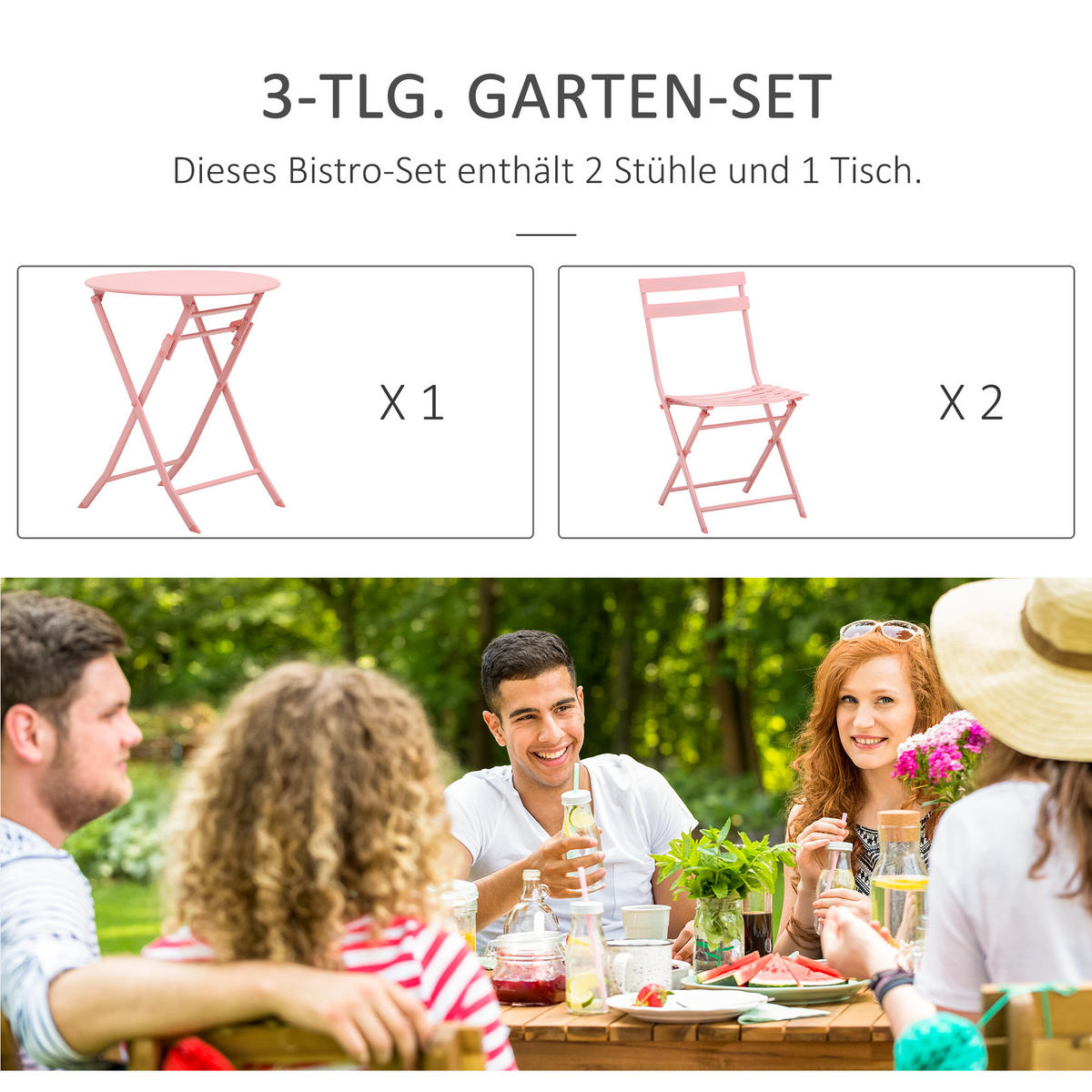GARTENMÖBEL Set, Metall, Rosa - Rosa, Metall - Outsunny