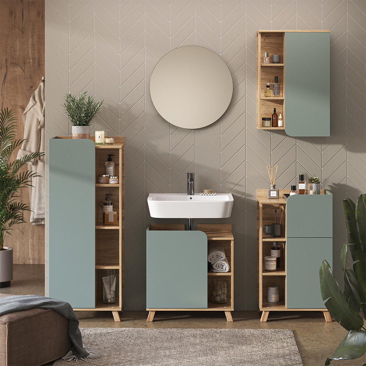 BADSCHRANK Karen Blau-Grau 50 x 75 cm mit Tür und offenen Fächern - Dunkelblau/Sonoma Eiche, Holzwerkstoff (50/75/20cm) - Vicco
